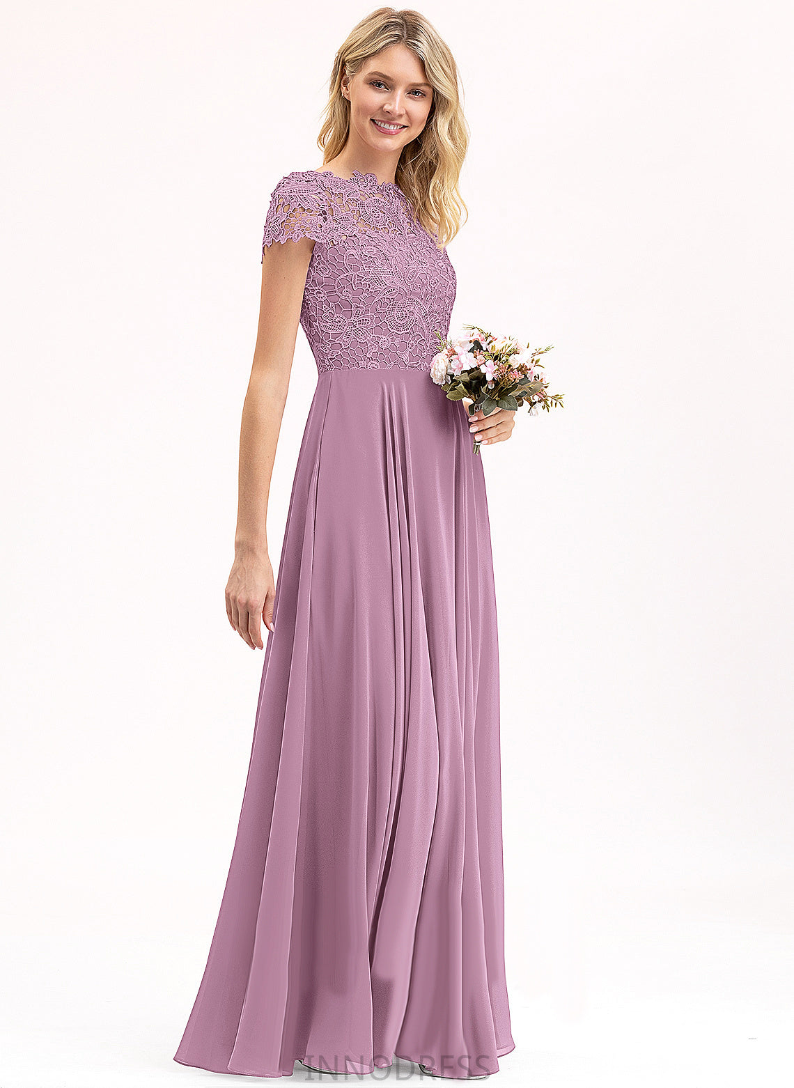 Floor-Length Scoop Fabric Silhouette Lace Straps&Sleeves Neckline A-Line Length Adeline Cap Sleeves Natural Waist Bridesmaid Dresses