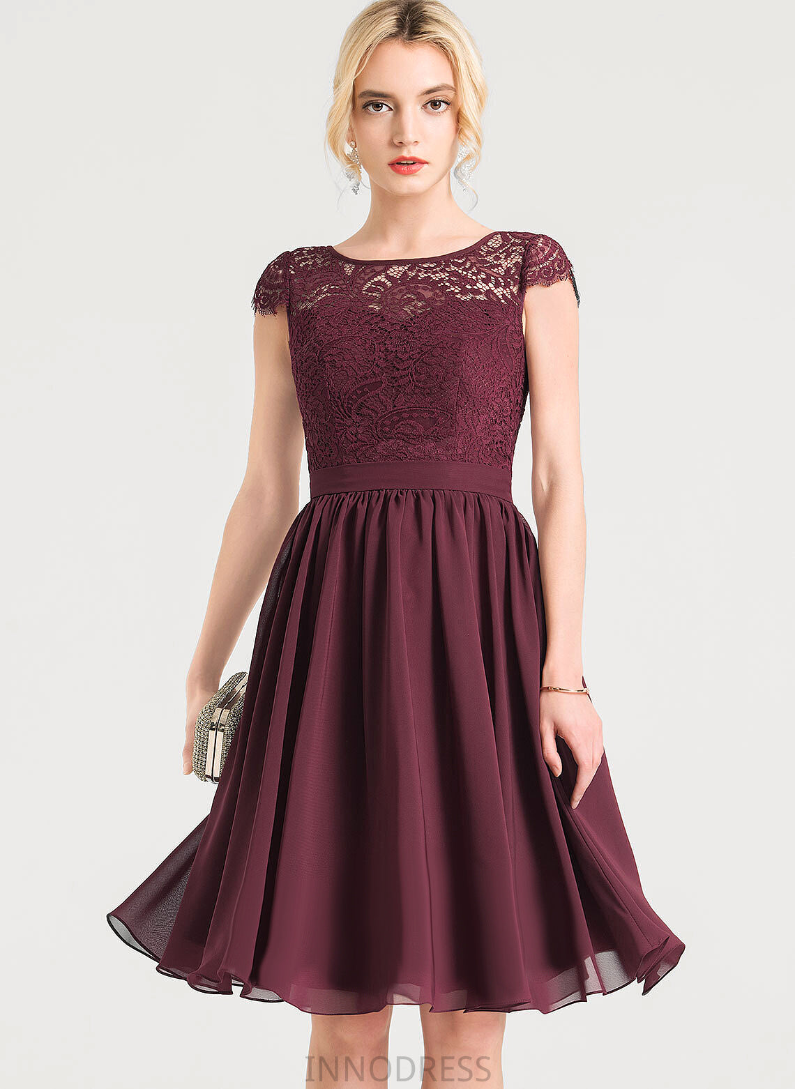 Sleeve Knee-Length ScoopNeck Neckline Silhouette Fabric A-Line Lace Length Skyla Floor Length V-Neck Bridesmaid Dresses