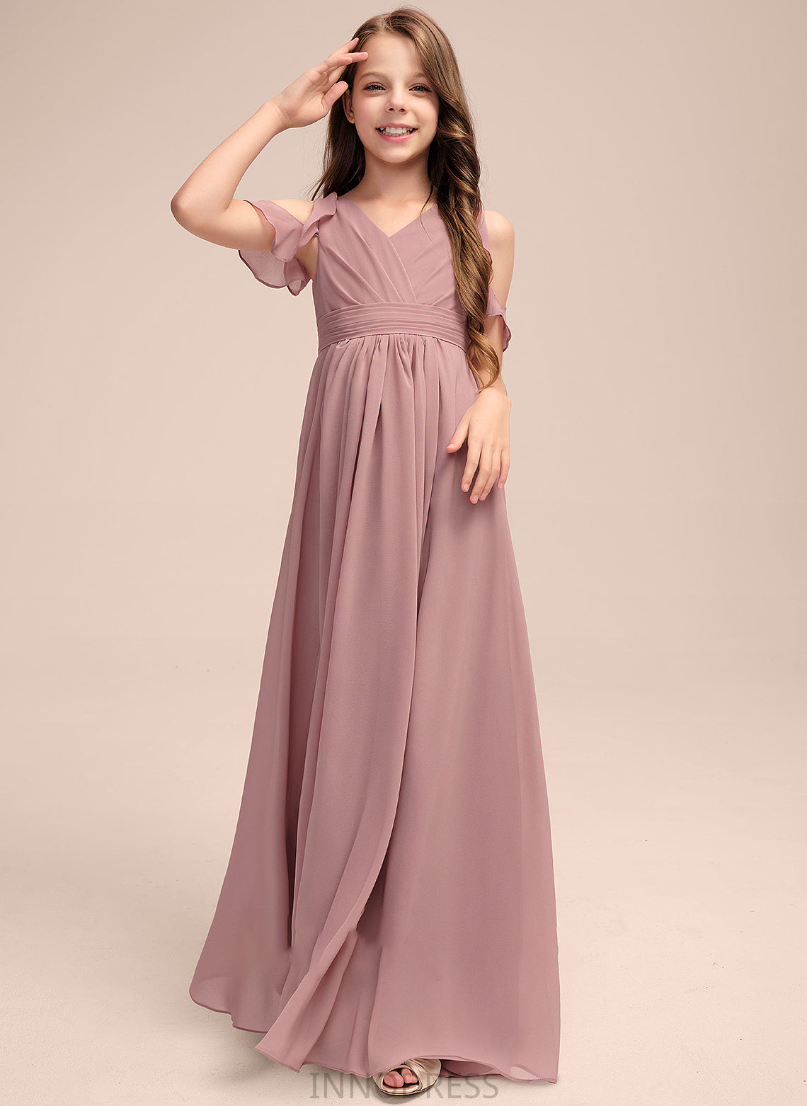 Abigail Cascading V-neck Floor-Length Ruffles Chiffon A-Line With Junior Bridesmaid Dresses