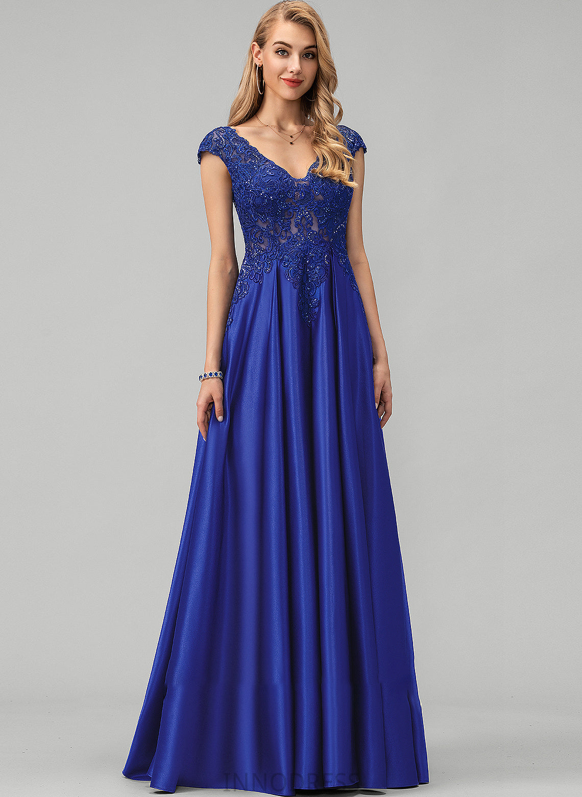 V-neck Riya Floor-Length Sequins Prom Dresses With Ball-Gown/Princess Lace Satin