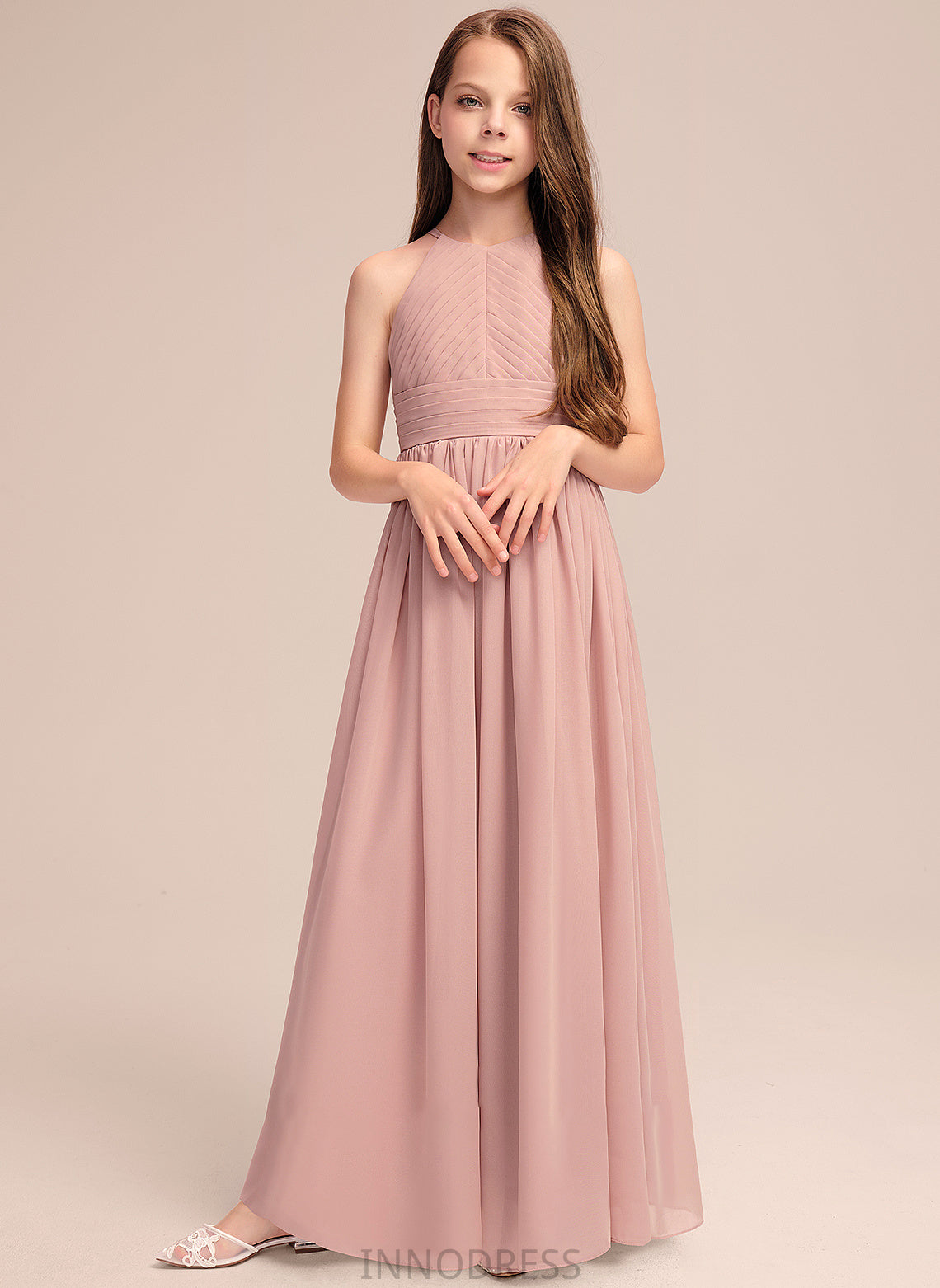 With Neck Junior Bridesmaid Dresses Ruffle Scoop Floor-Length A-Line Raven Chiffon