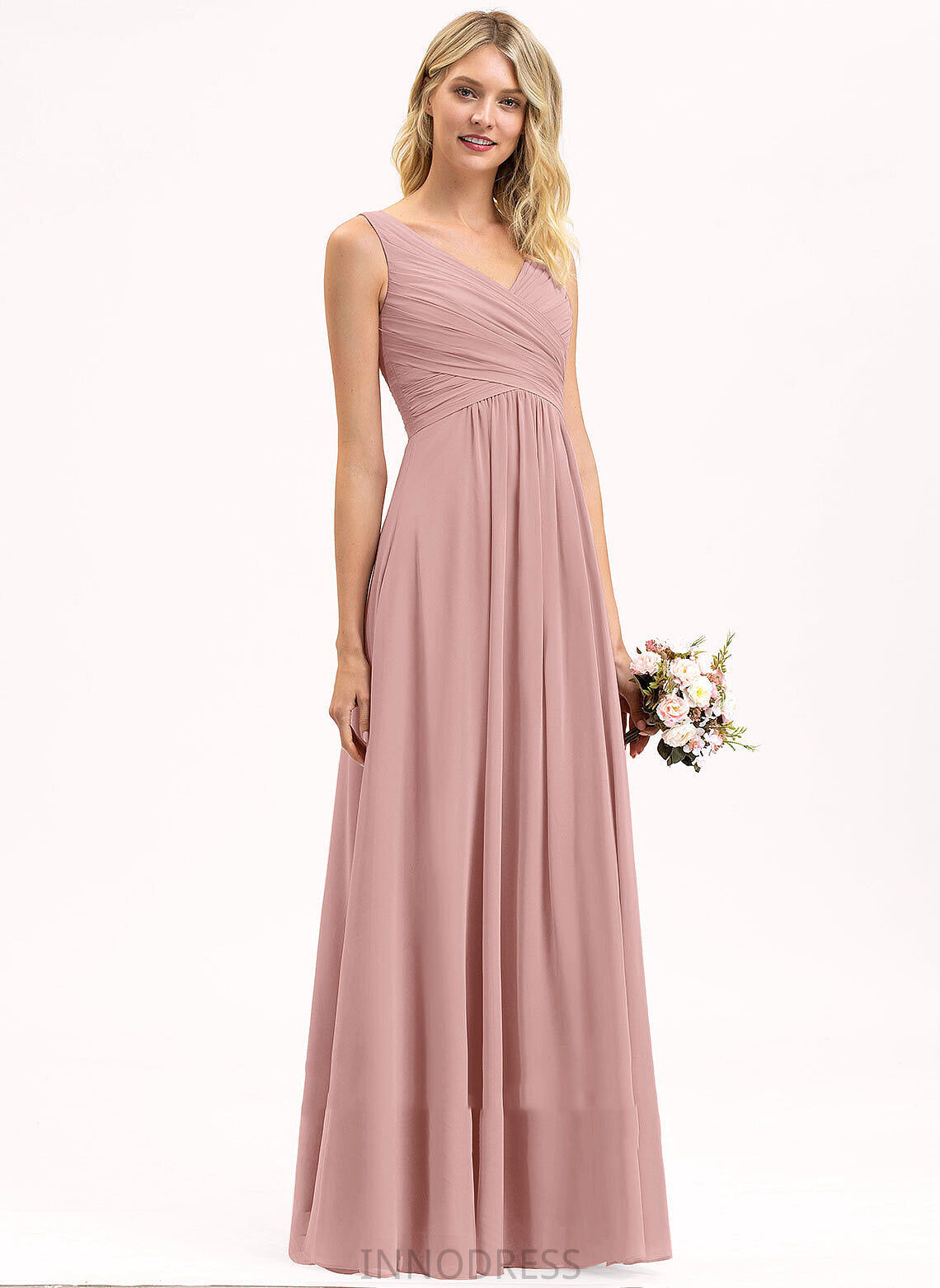 A-Line Fabric Pleated Neckline V-neck Floor-Length Length Silhouette Embellishment Aracely Floor Length A-Line/Princess Bridesmaid Dresses