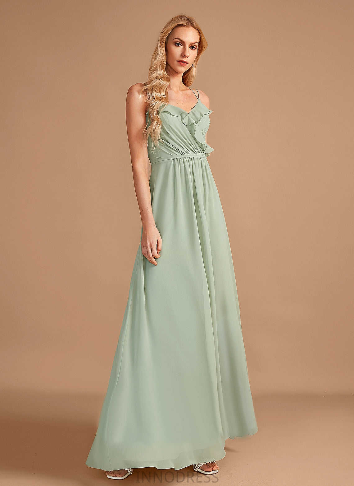 Embellishment Neckline Fabric A-Line Floor-Length Silhouette Length V-neck Ruffle Millie V-Neck Sleeveless Bridesmaid Dresses