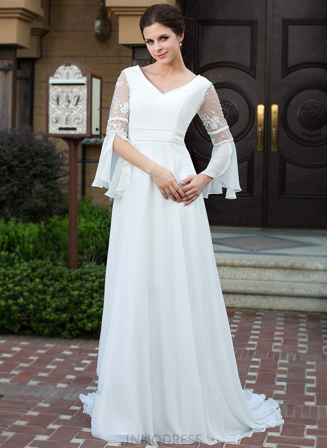 Dress Lace V-neck Laurel Train Wedding Dresses Court Wedding A-Line Beading Chiffon With