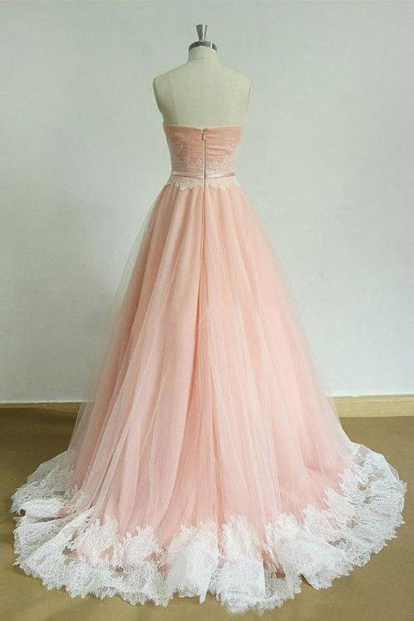 Pink A Line Brush Train Sweetheart Strapless Sleeveless Layers Prom Dresses