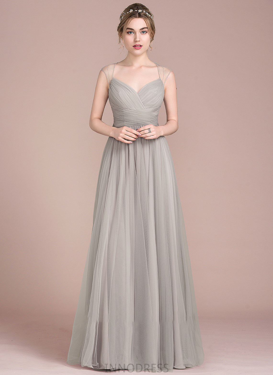 Beading V-neck Prom Dresses Julia Tulle With Floor-Length Ruffle Ball-Gown/Princess