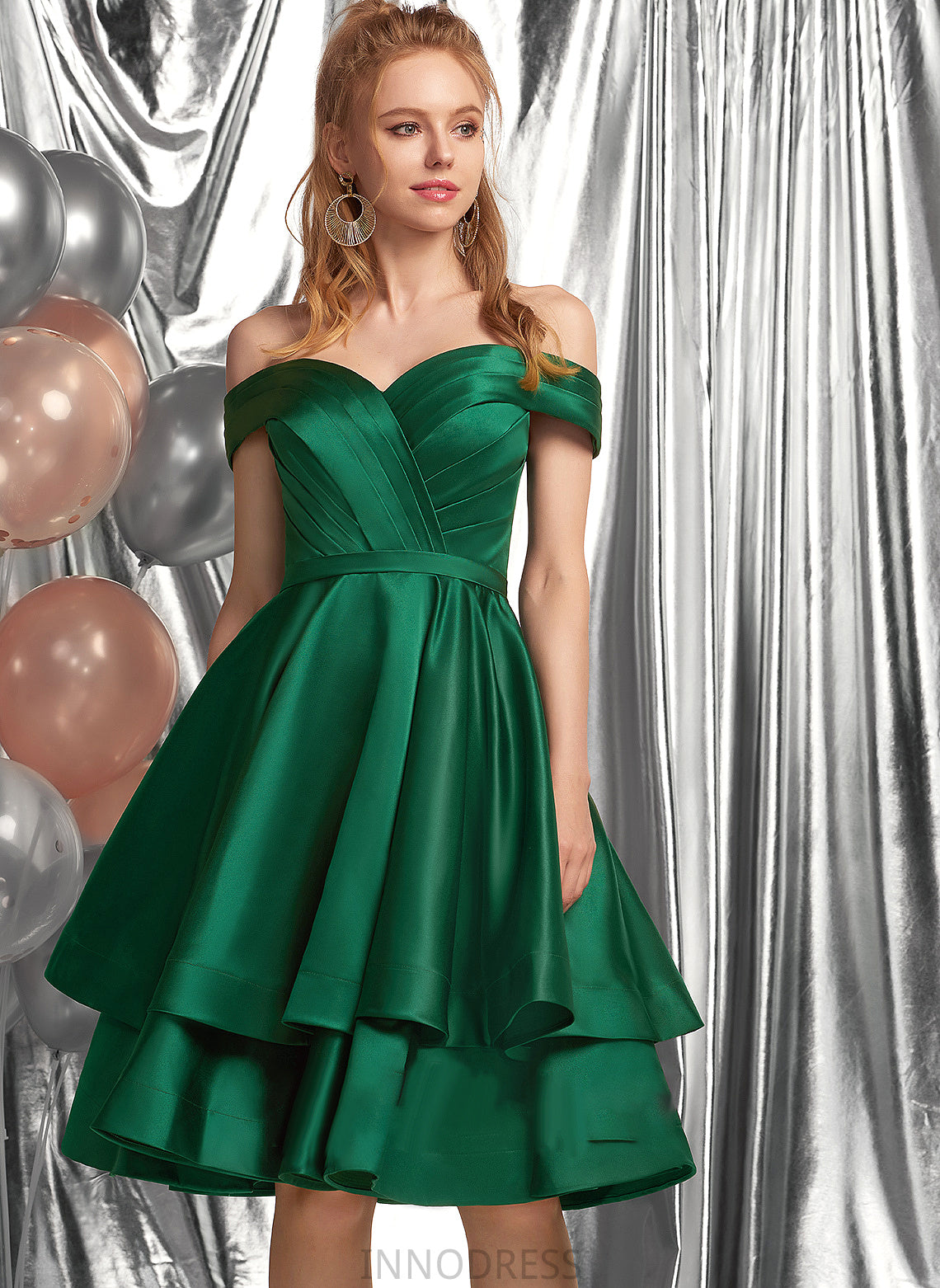 Sloane Knee-Length Off-the-Shoulder Ruffle Prom Dresses Satin A-Line With