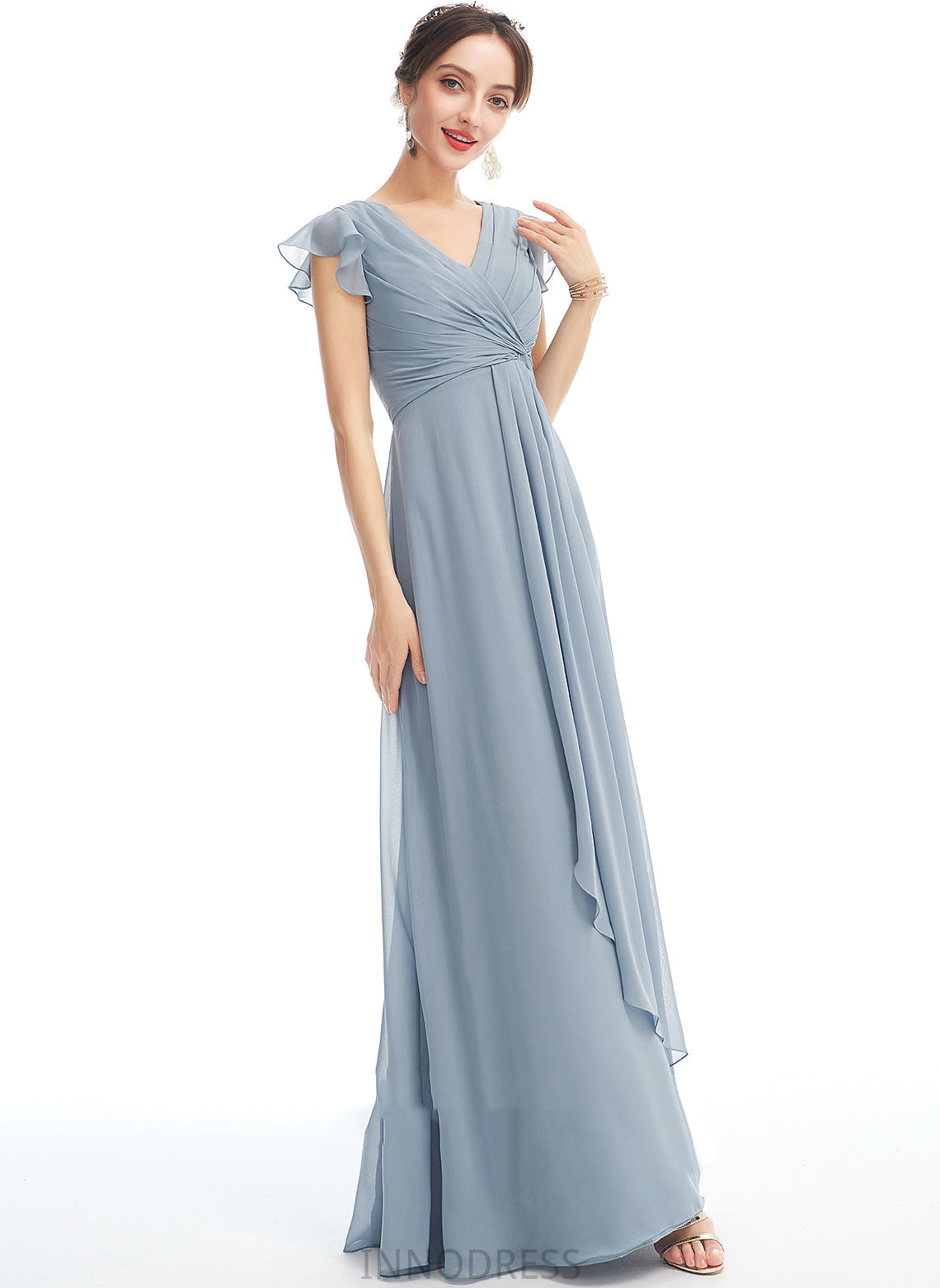 Floor-Length Silhouette Fabric Ruffle Neckline V-neck SplitFront A-Line Length Embellishment Maryjane Floor Length Bridesmaid Dresses