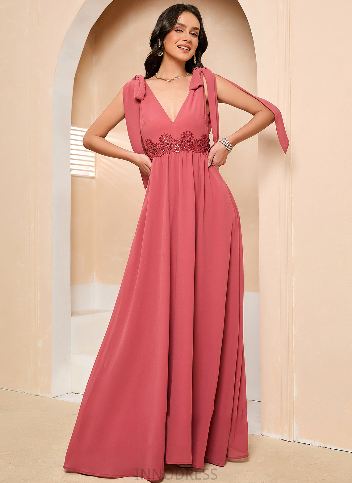 V-neck Prom Dresses A-Line With Bow(s) Myla Ankle-Length