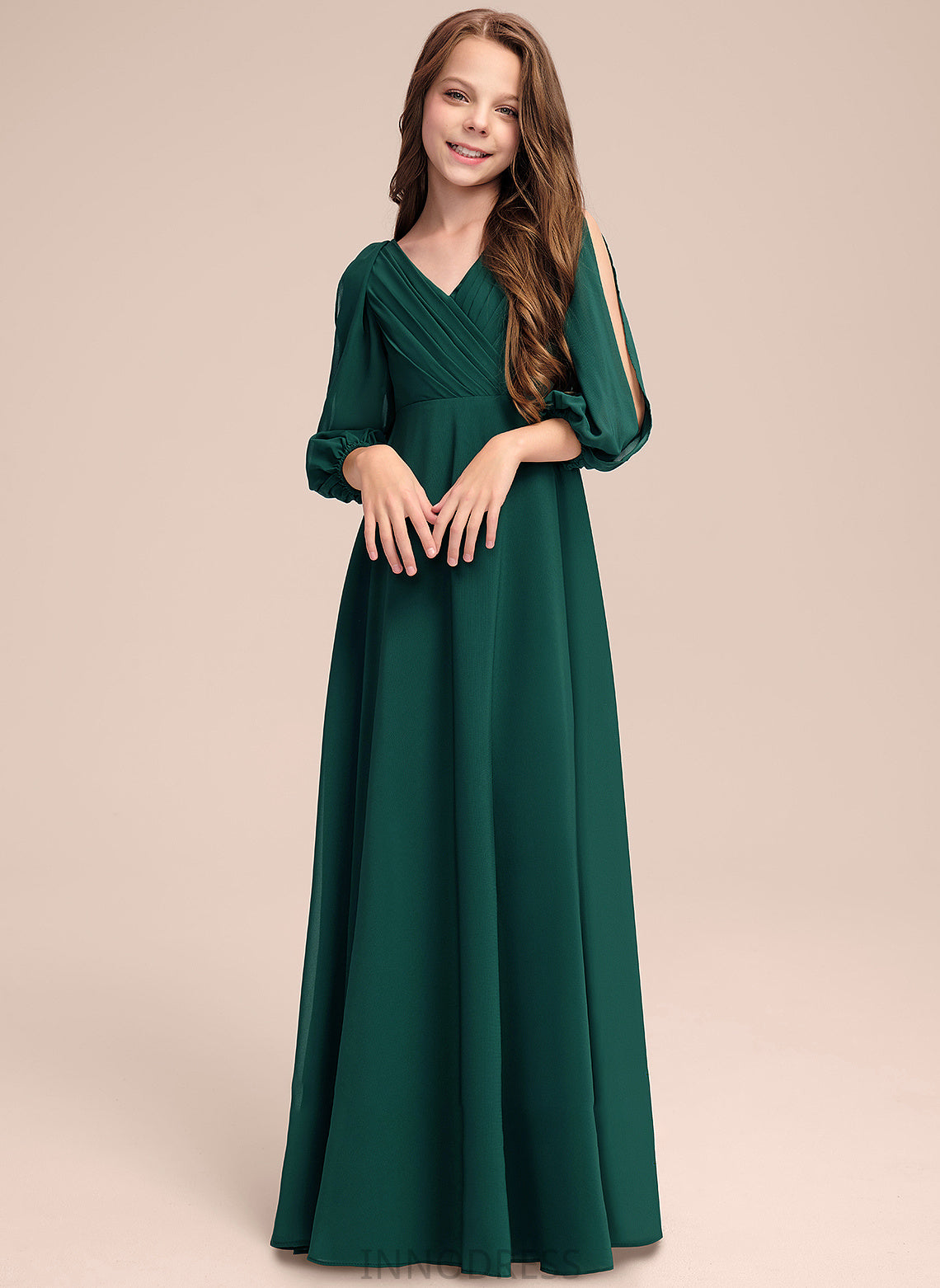 Junior Bridesmaid Dresses V-neck A-Line Floor-Length Ruffles Maya Chiffon With