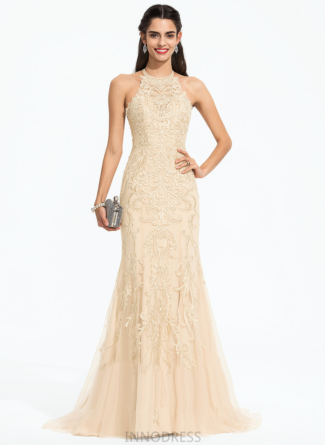 Lace Trumpet/Mermaid Train Adrienne Scoop Prom Dresses Sweep With Tulle Sequins