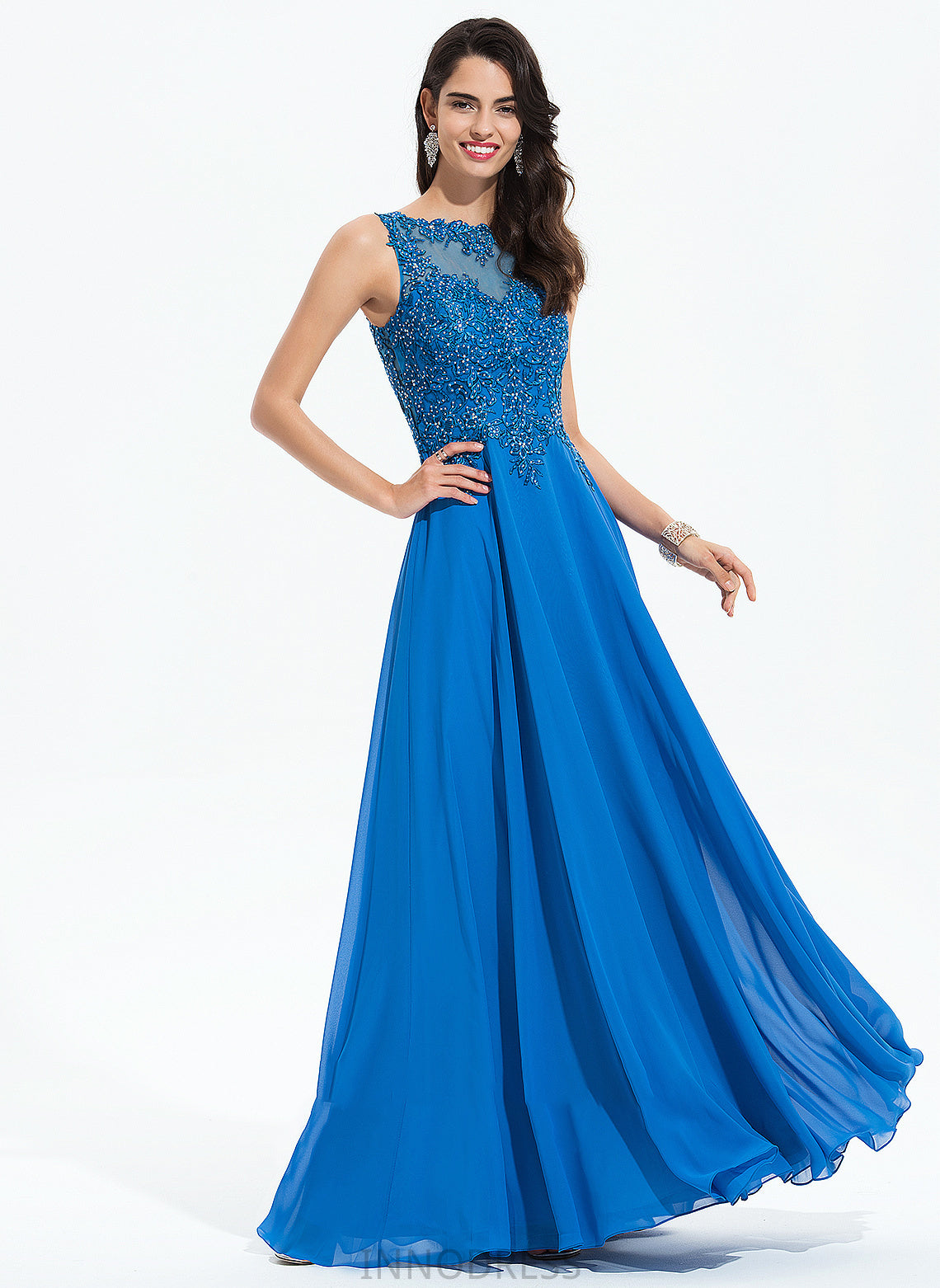 Sequins Prom Dresses Barbara Scoop Chiffon Floor-Length Beading Neck Lace A-Line With