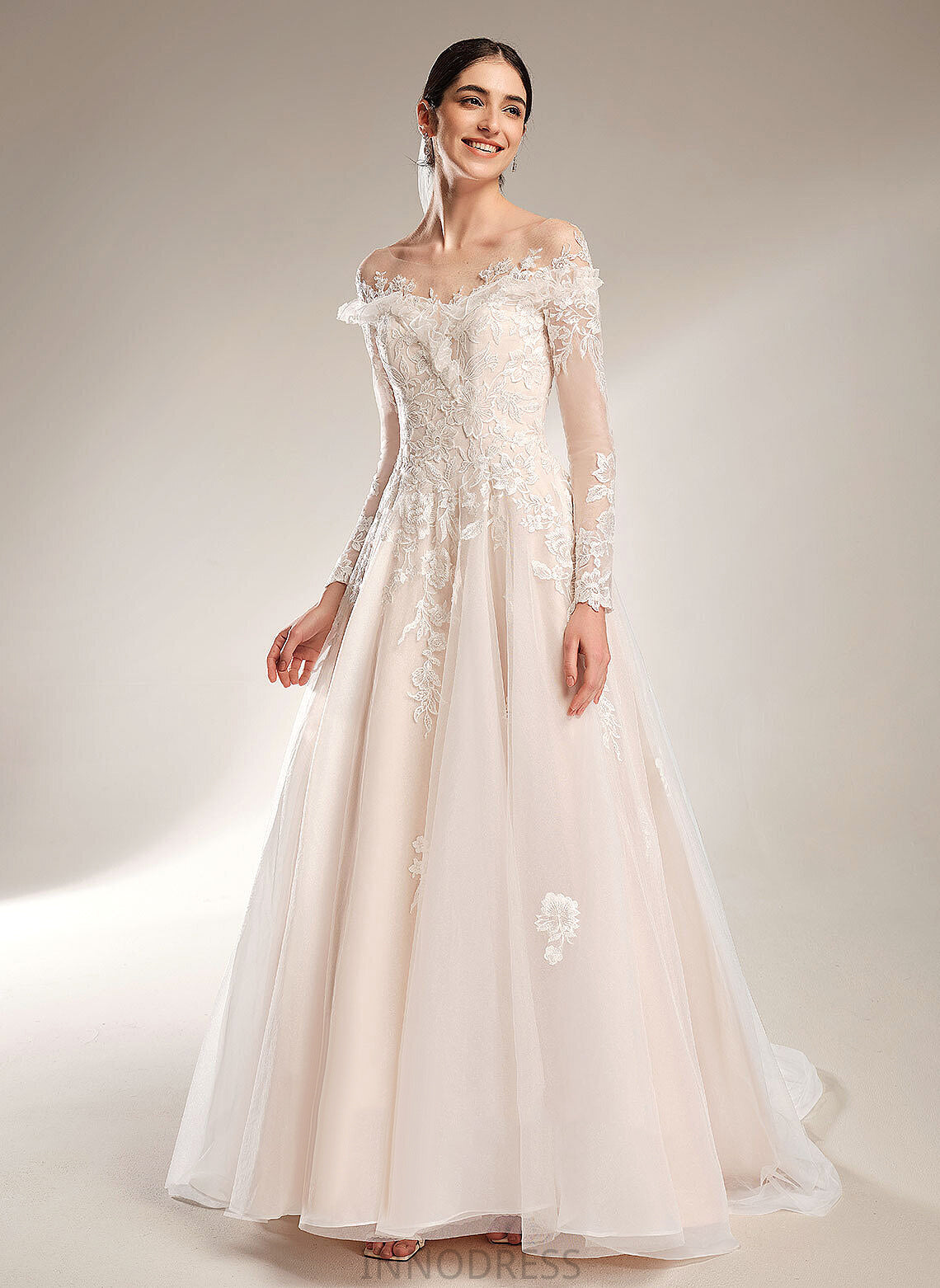 Court Wedding Dress Tulle Ball-Gown/Princess Train Caylee Sequins Lace Off-the-Shoulder With Wedding Dresses