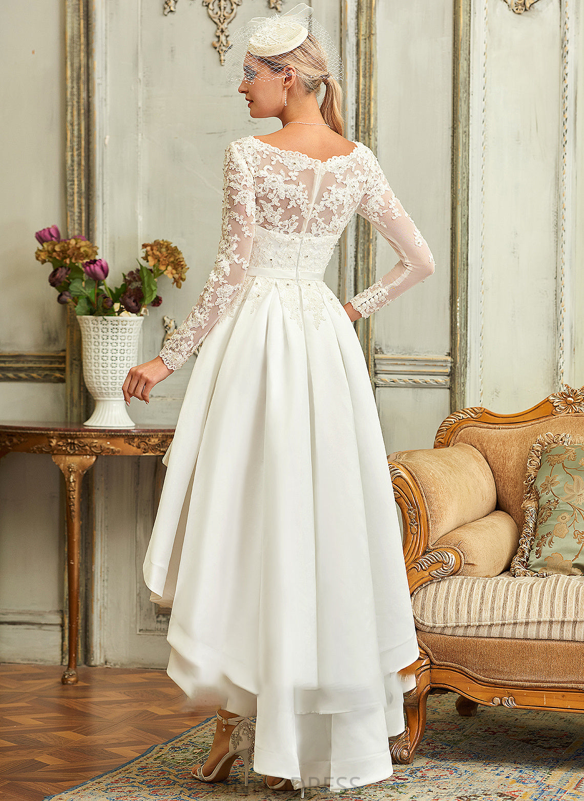 Wedding Lace Dress A-Line Yuliana V-neck Asymmetrical Wedding Dresses Satin