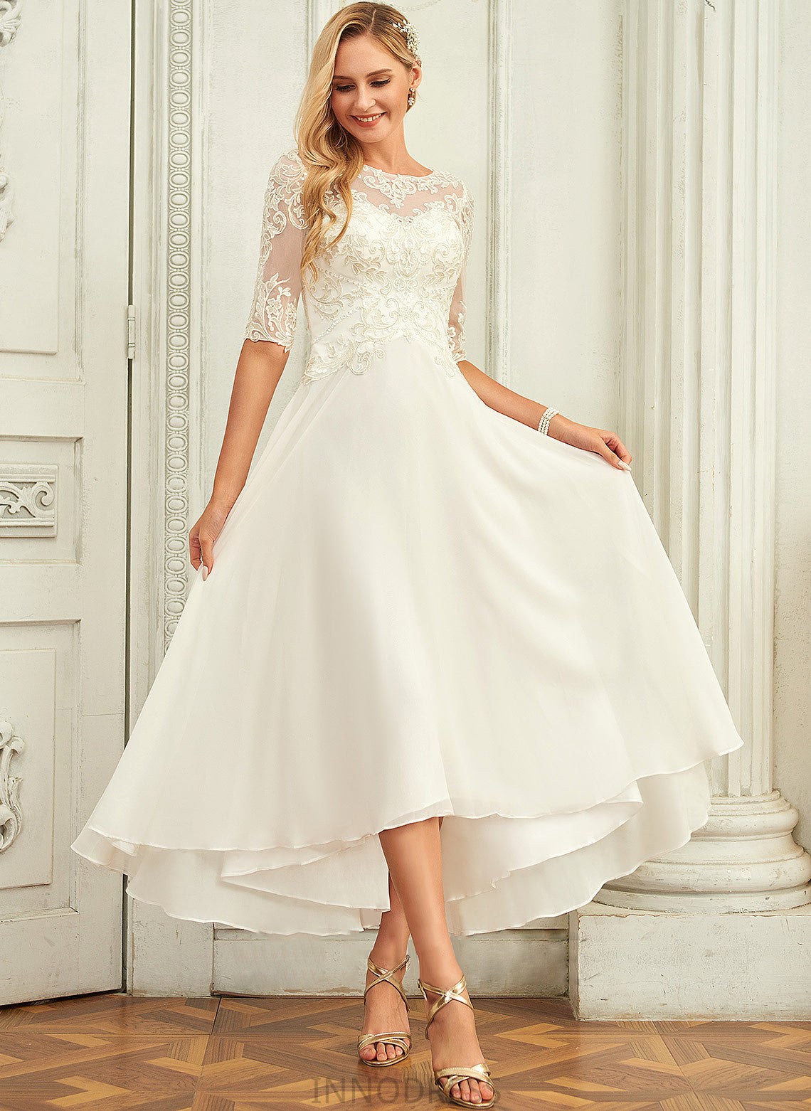 Annie Scoop Wedding Sequins Beading Asymmetrical Chiffon Dress Wedding Dresses A-Line With Neck