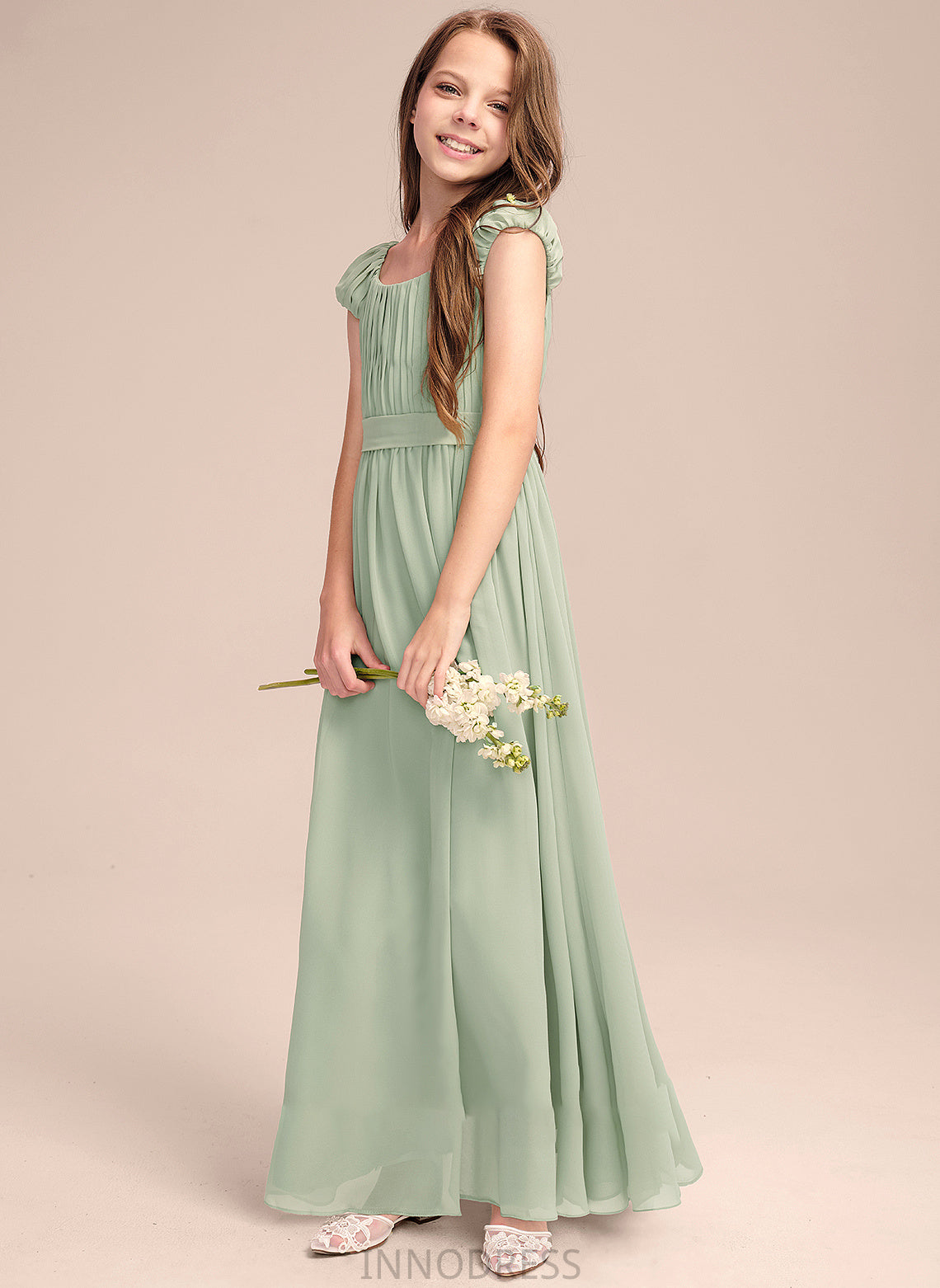 Micah Junior Bridesmaid Dresses Scoop Chiffon A-Line Bow(s) Floor-Length With Neck Ruffle