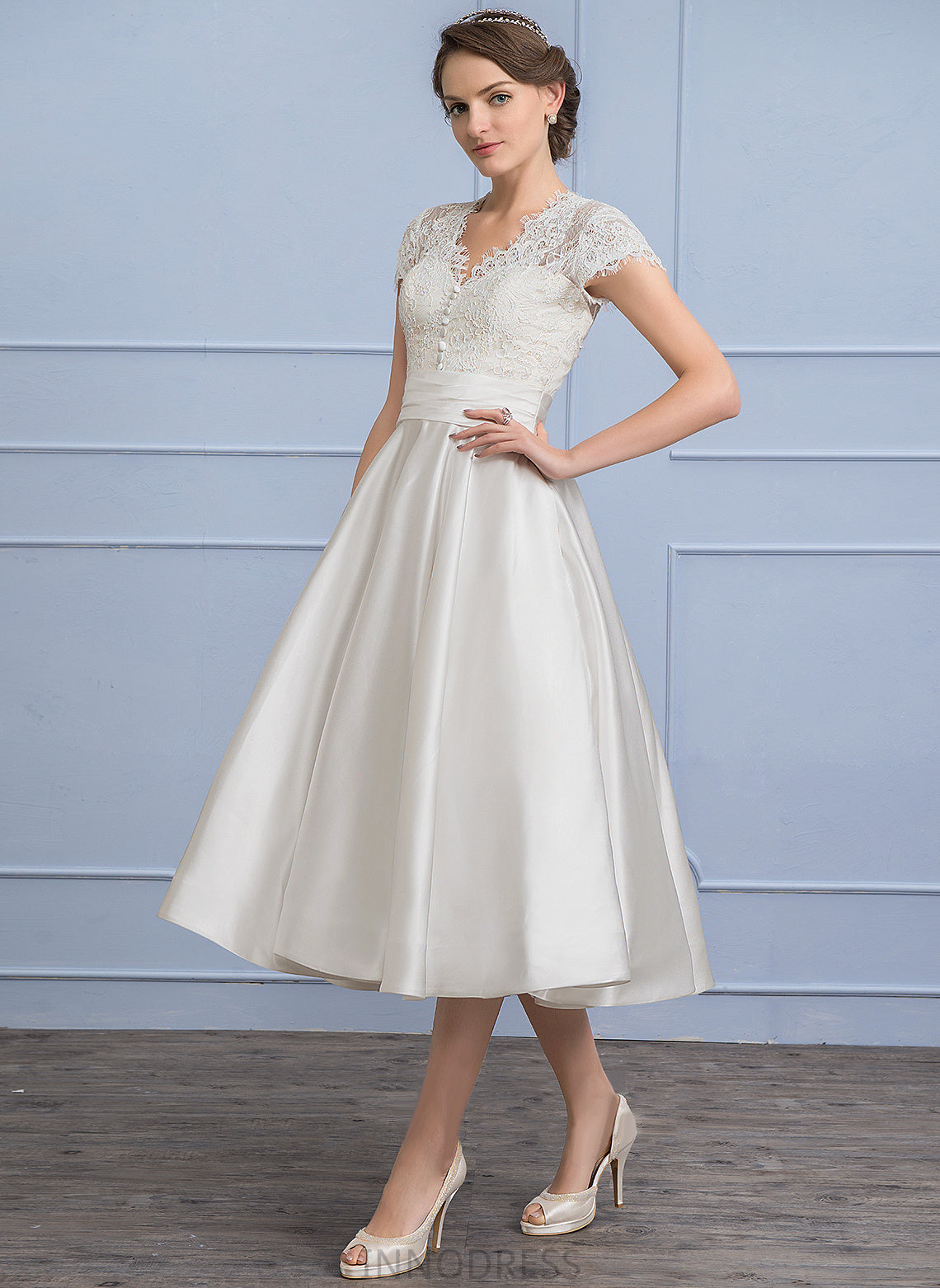 Lace Cecelia Wedding Dresses Wedding Tea-Length Satin Ruffle A-Line Dress V-neck With