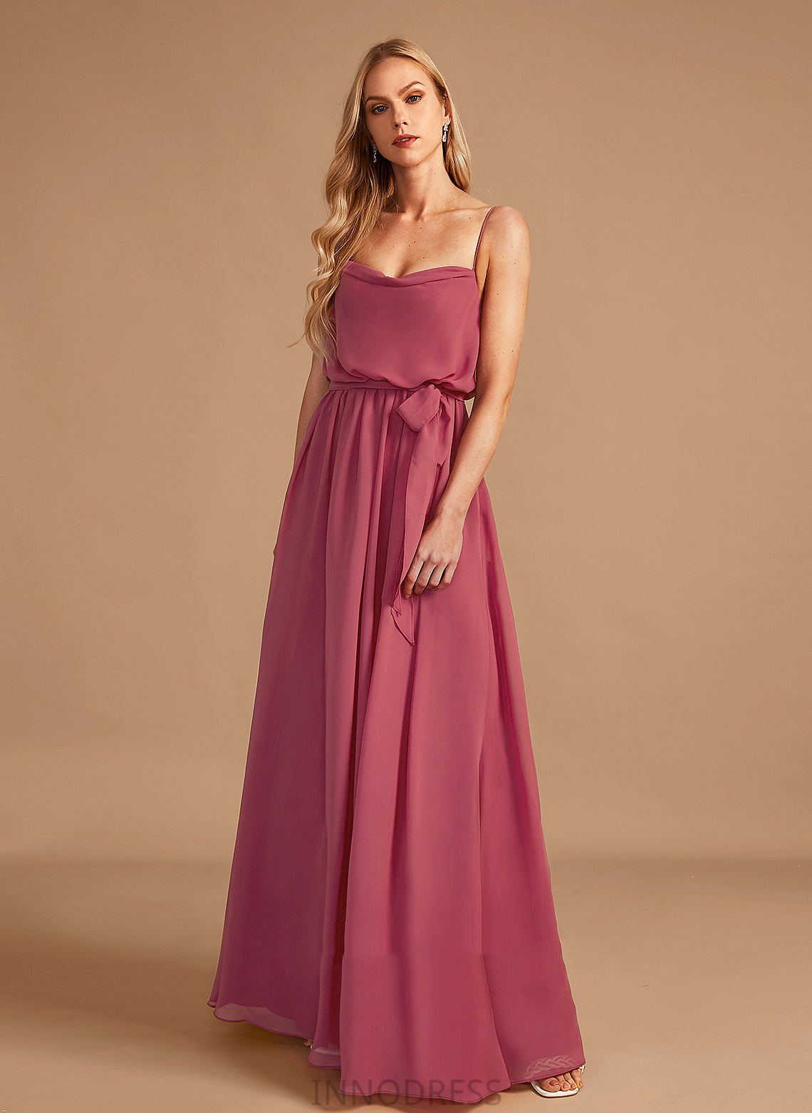 Embellishment Ruffle Silhouette Length CowlNeck Neckline Floor-Length A-Line Fabric SplitFront Sue Sleeveless Bridesmaid Dresses