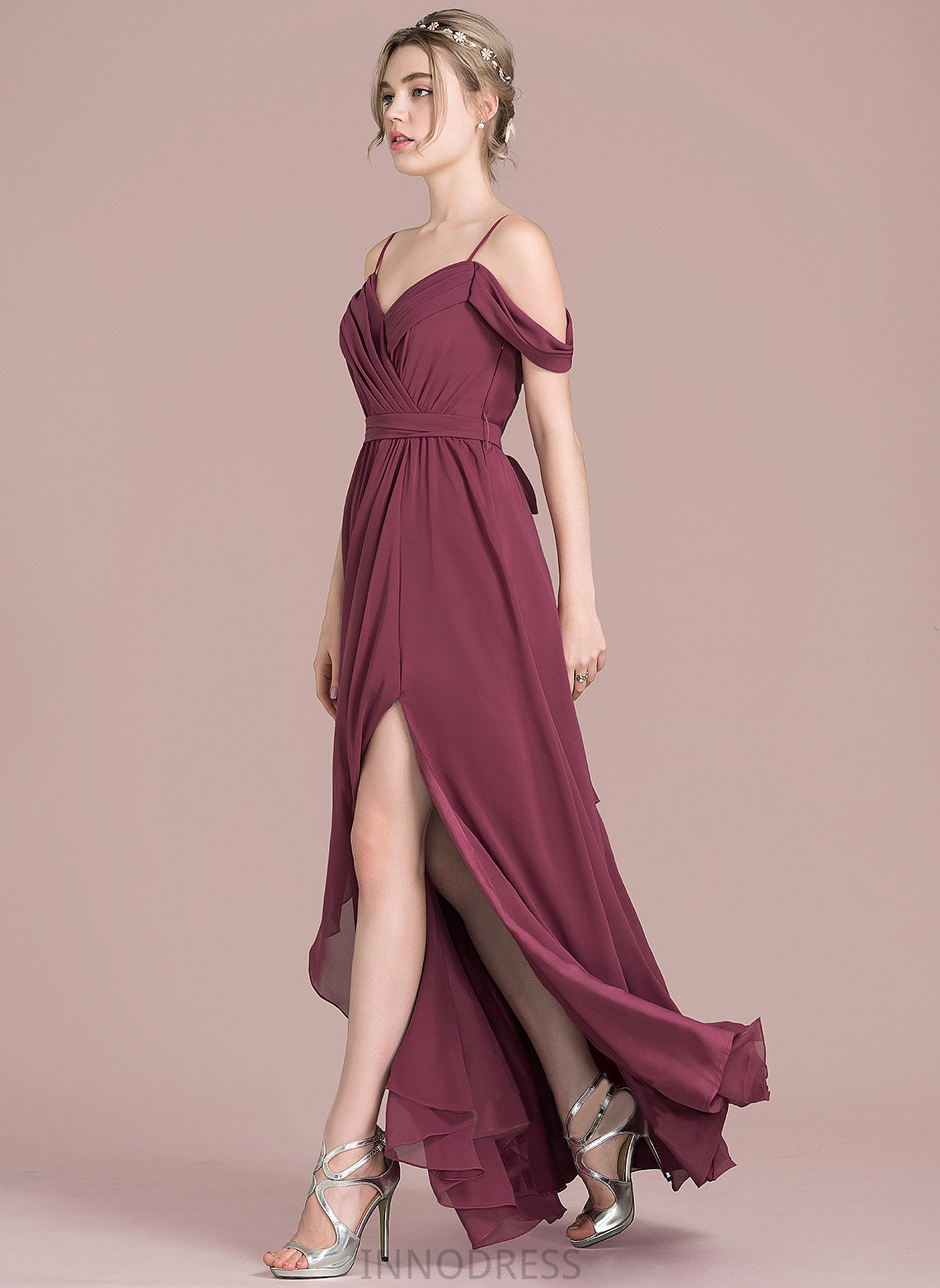 Chiffon Prom Dresses Cascading V-neck Split Ruffles A-Line Front With Floor-Length Bow(s) Simone