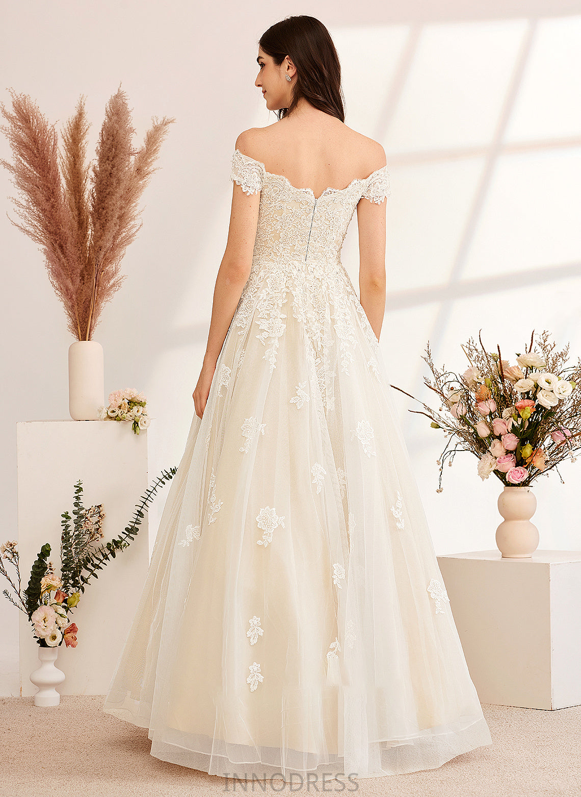 Ball-Gown/Princess Margaret Dress Wedding Dresses Beading Floor-Length With Wedding Off-the-Shoulder Sequins