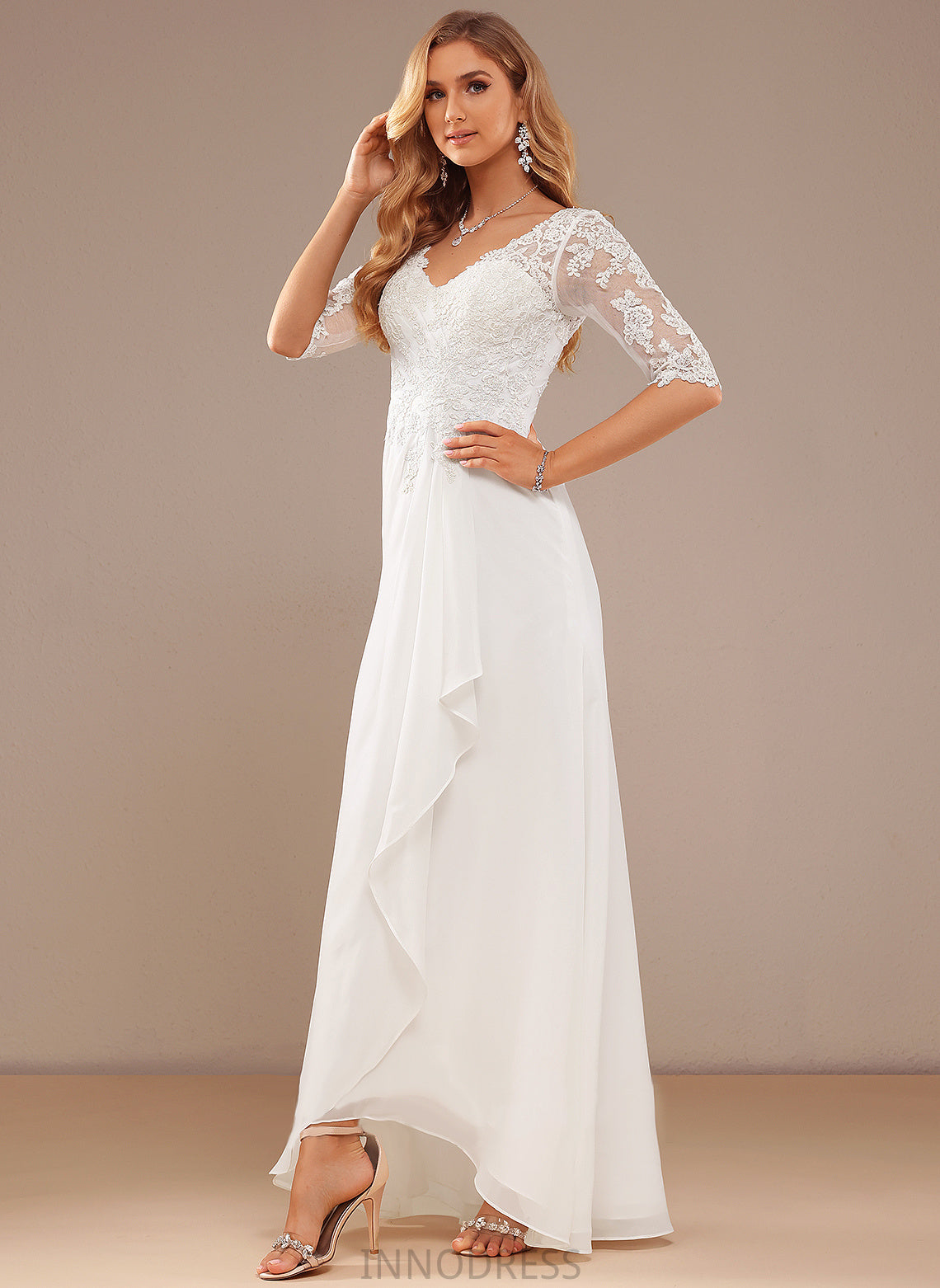 Ruffle Chiffon Wedding Dresses Asymmetrical A-Line Olga Lace With Wedding Dress V-neck