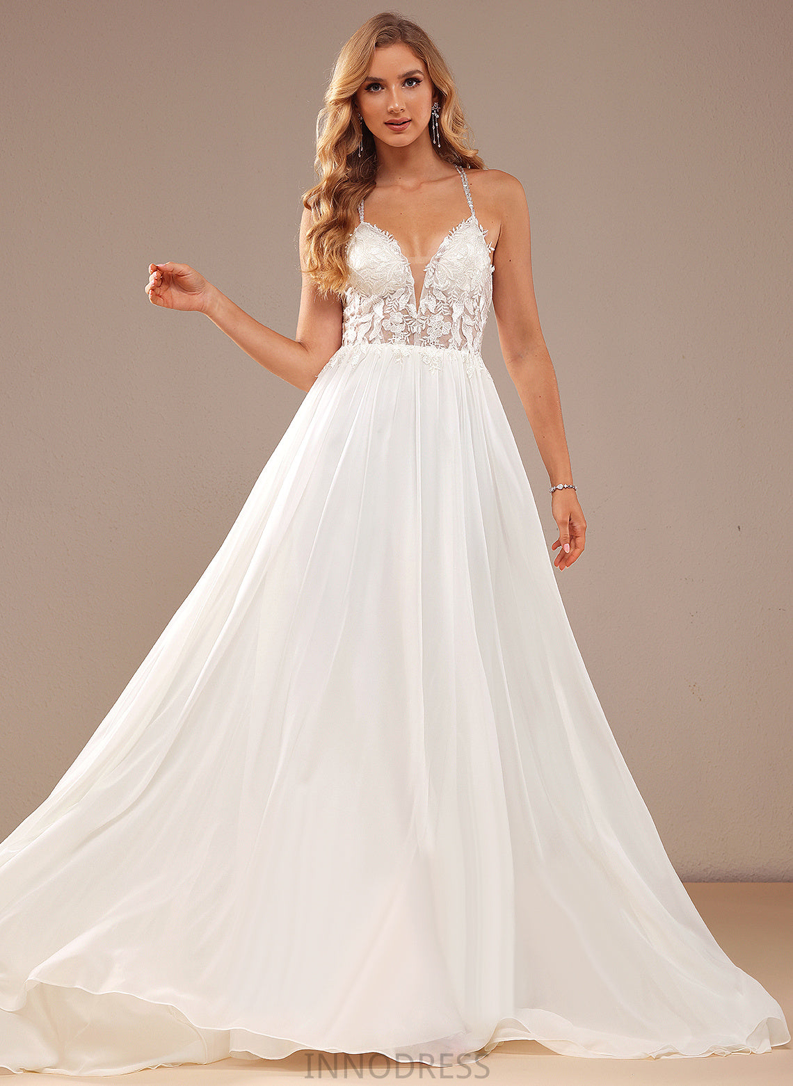 A-Line With Beading Train Sequins Dress Wedding Dresses Sweep Angel Wedding V-neck Lace Chiffon