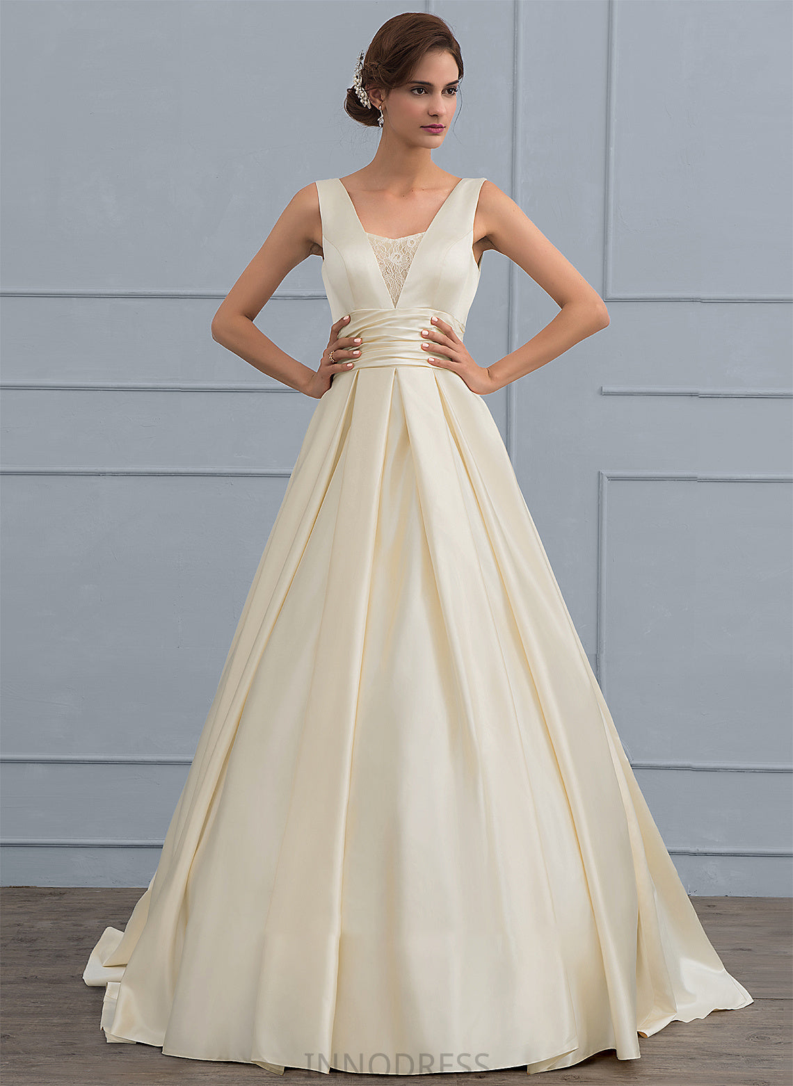 Dress Lace Train Wedding Dresses Satin Guadalupe V-neck With Ball-Gown/Princess Wedding Sweep