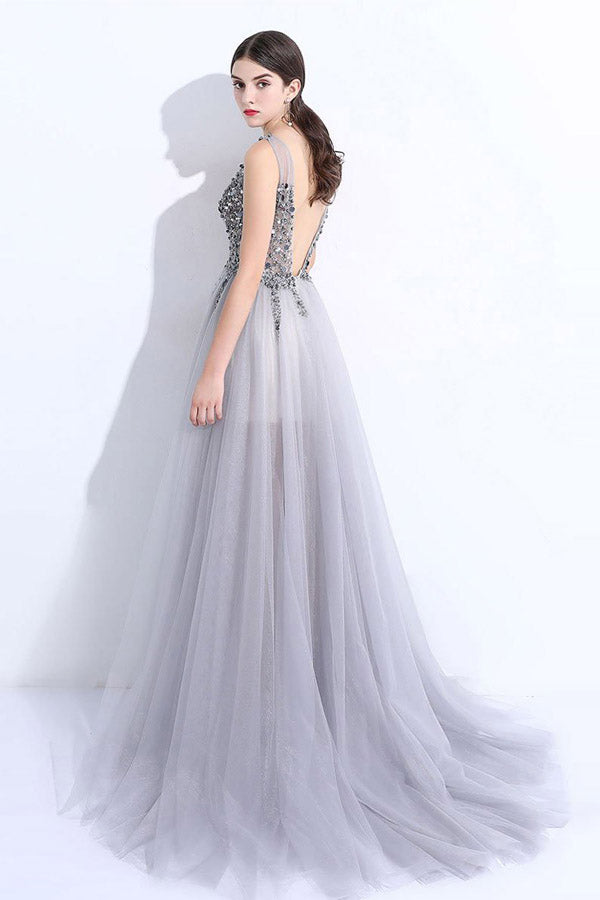 A Line Brush Train Deep V Neck Sleeveless Backless Beading Prom Dresses