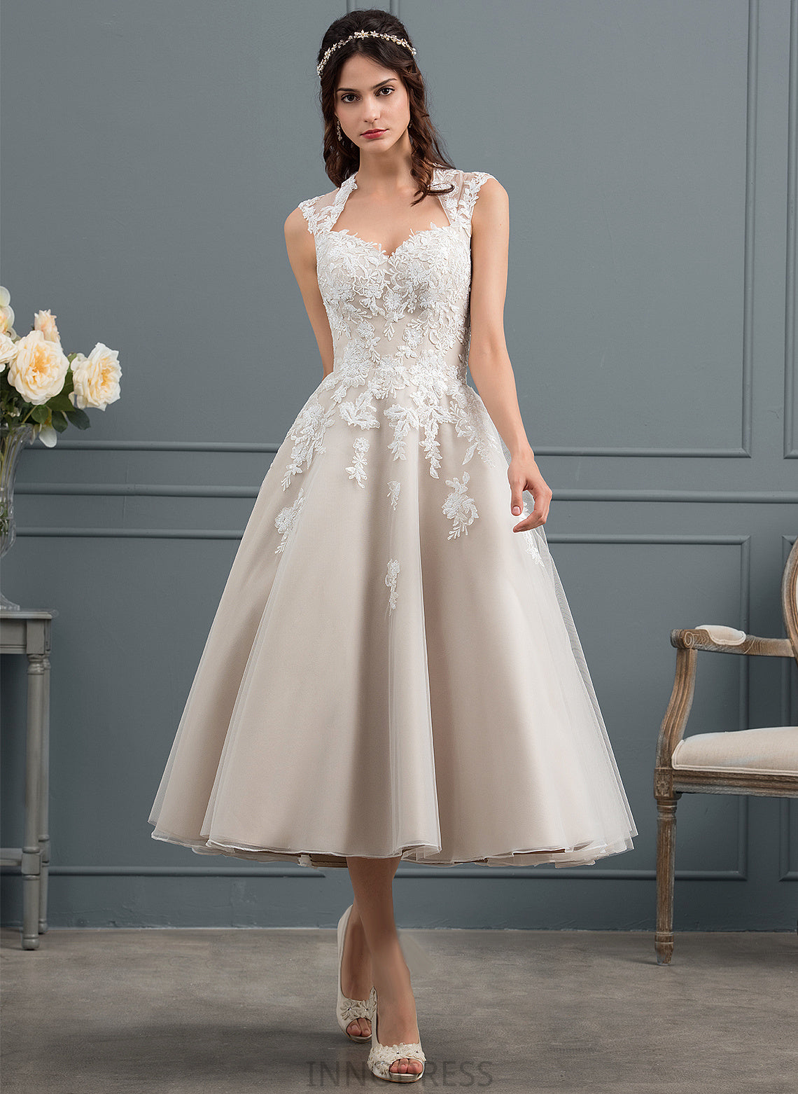 Tea-Length Kaylen Wedding With Dress Wedding Dresses Sequins Lace Sweetheart Ball-Gown/Princess Tulle