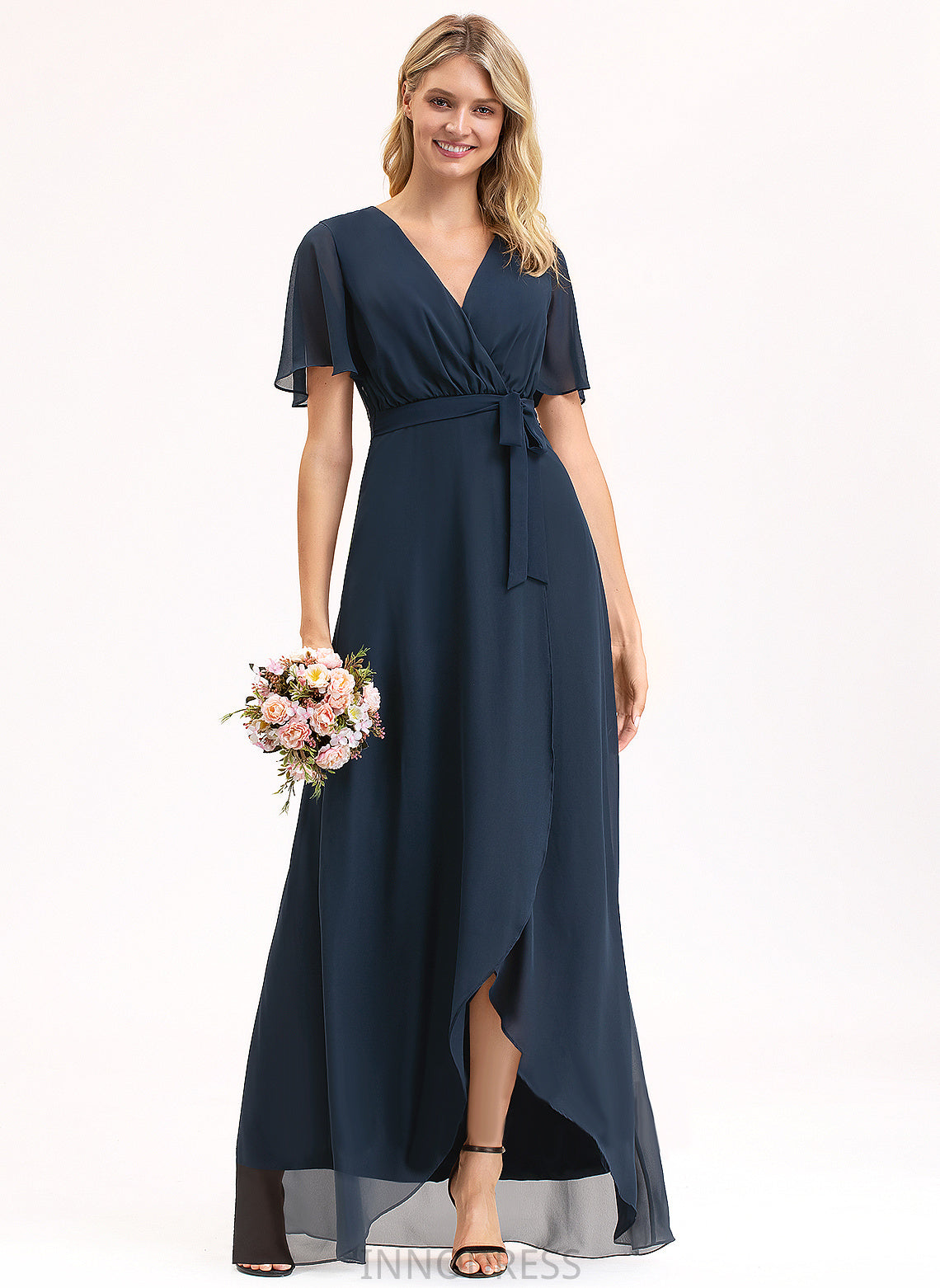 V-neck Silhouette Embellishment Fabric Asymmetrical A-Line Length Neckline Bow(s) Jean Trumpet/Mermaid Natural Waist Bridesmaid Dresses