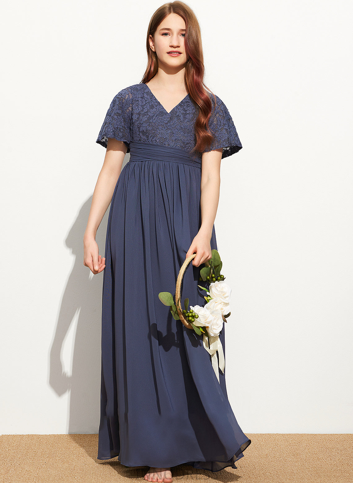 V-neck Gloria Bow(s) With Junior Bridesmaid Dresses Floor-Length Lace Chiffon A-Line