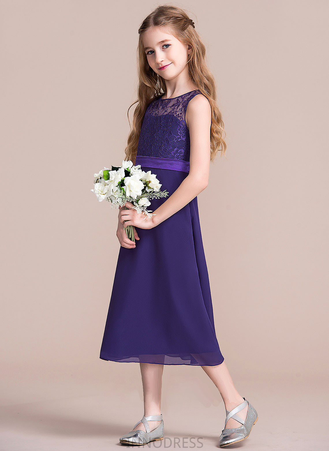 Junior Bridesmaid Dresses Scoop A-Line Neck Payton Chiffon Tea-Length