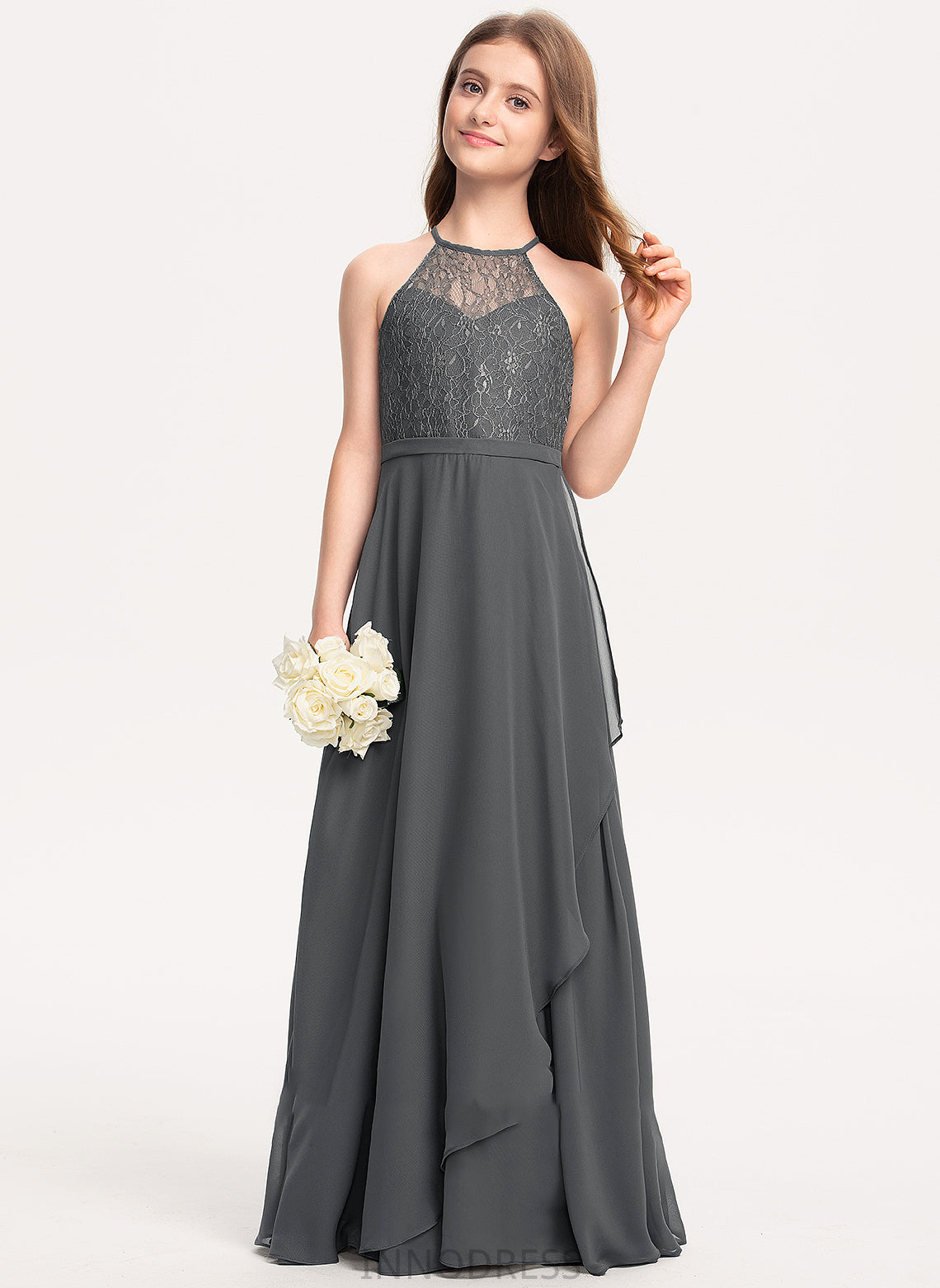 A-Line Cascading Michelle Scoop Ruffles Chiffon With Junior Bridesmaid Dresses Neck Lace Floor-Length