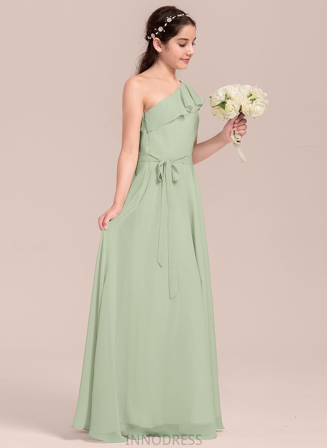 Chiffon Aleena With Cascading Junior Bridesmaid Dresses Ruffles A-Line One-Shoulder Floor-Length