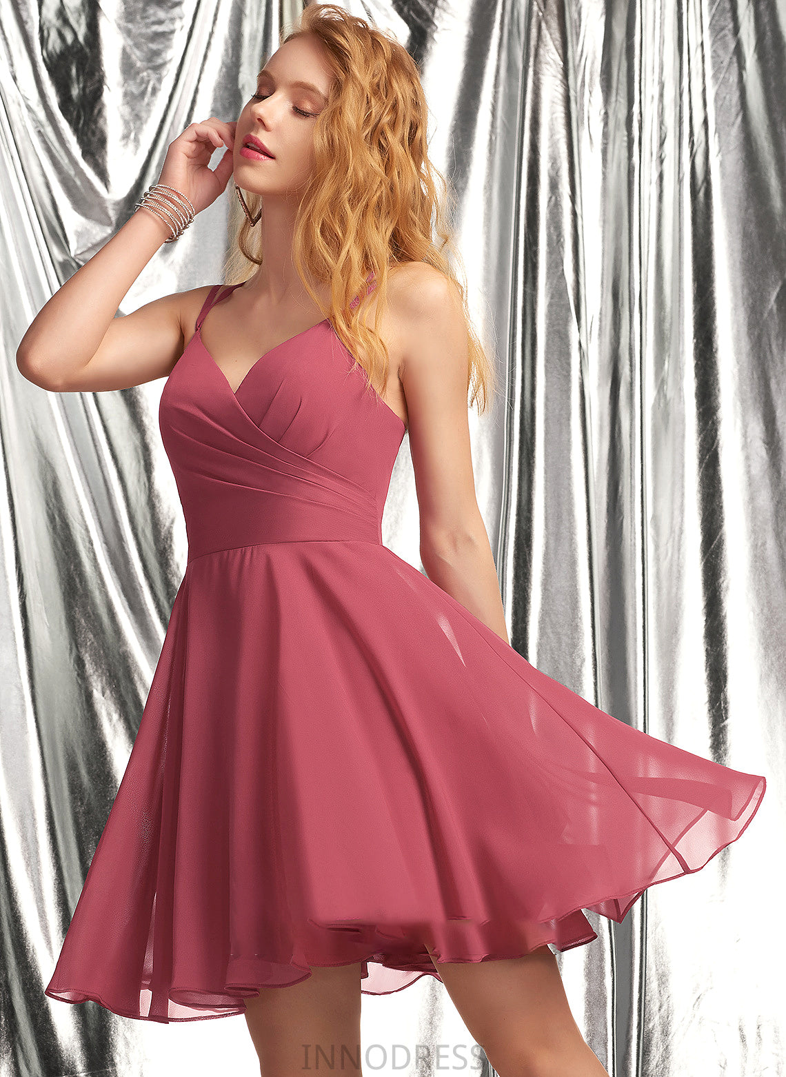 Short/Mini Chiffon Priscilla Prom Dresses With V-neck A-Line Ruffle