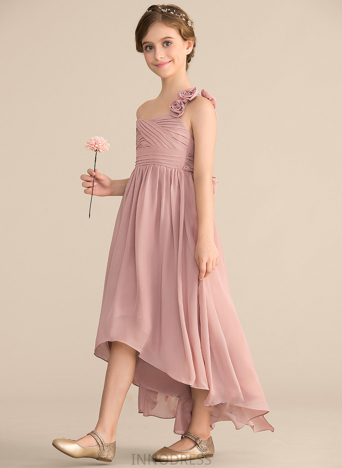 A-Line Chiffon Anahi Ruffle Junior Bridesmaid Dresses One-Shoulder With Asymmetrical Bow(s) Flower(s)