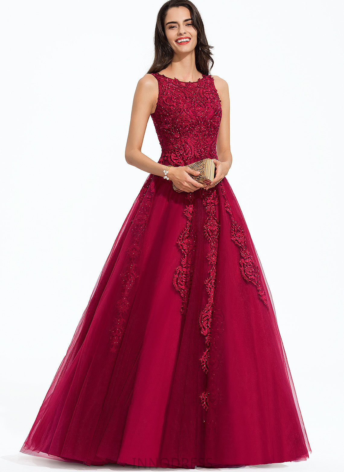 Ball-Gown/Princess Sweep Neck Train Scoop With Gloria Beading Tulle Prom Dresses