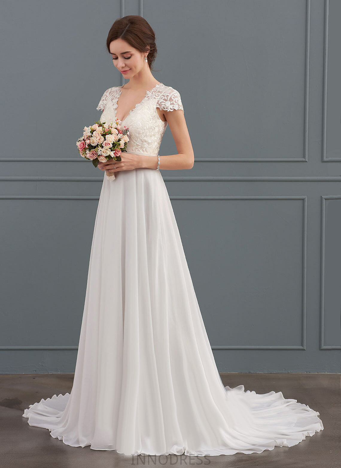 Ruffle Sweep Wedding Cassandra Dress Train V-neck A-Line Wedding Dresses With Lace Chiffon