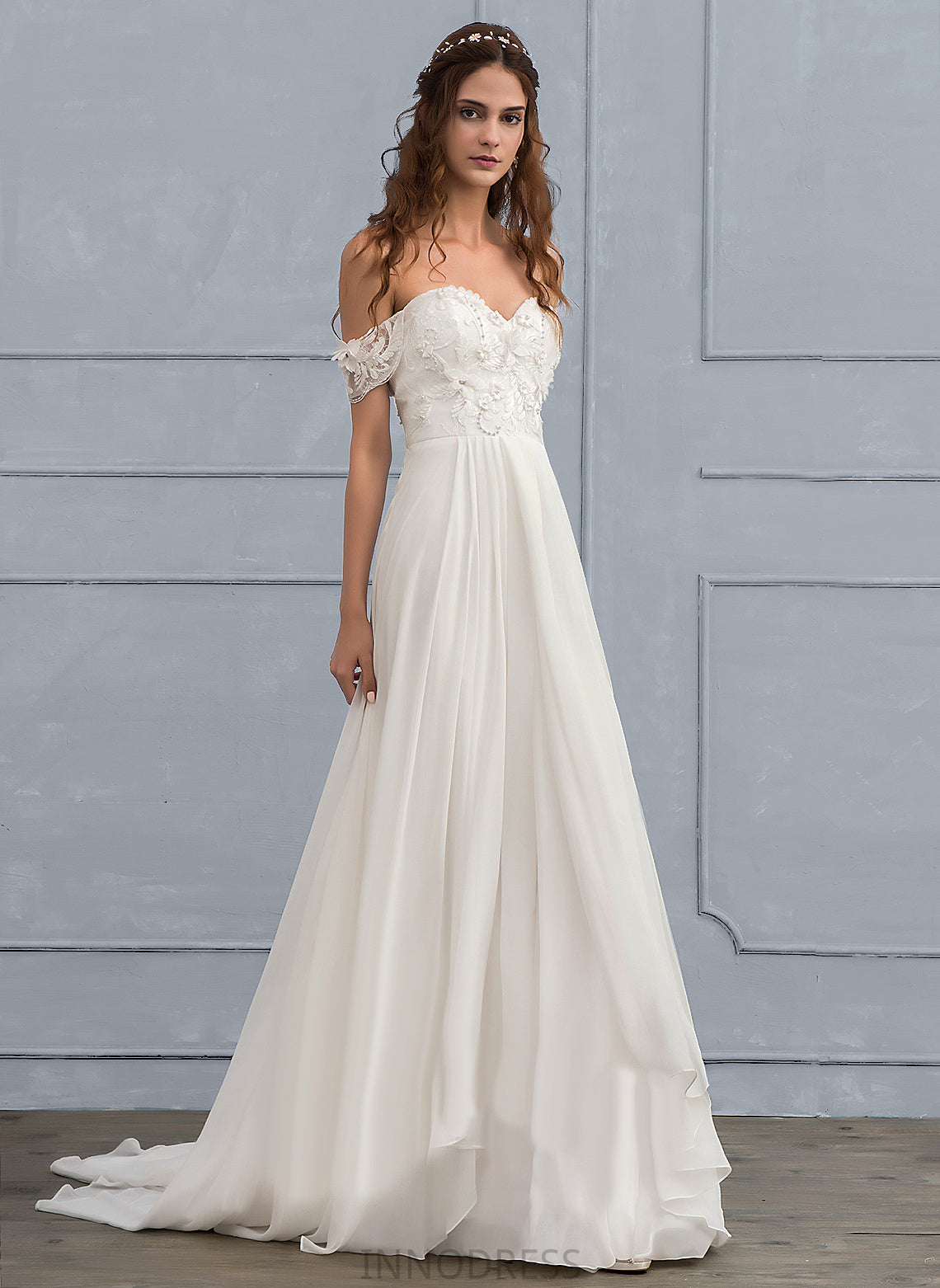 With Wedding Flower(s) Adison A-Line Train Beading Lace Wedding Dresses Sweep Off-the-Shoulder Chiffon Dress