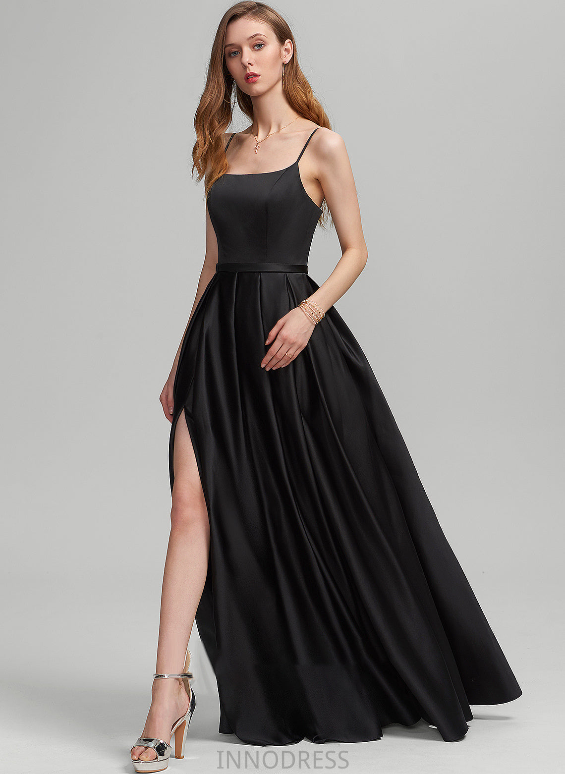 With Kylie Square Pockets Floor-Length Satin A-Line Neckline Split Prom Dresses Front