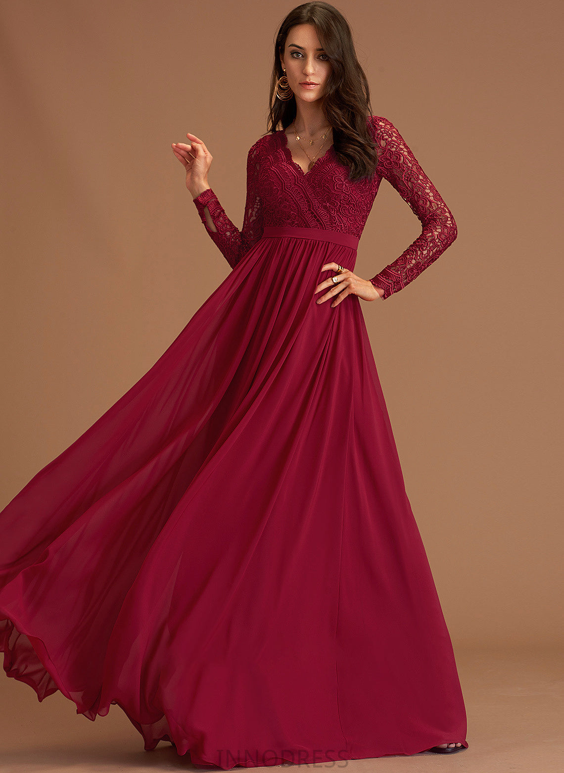 Chiffon Quinn V-neck Lace With Floor-Length A-Line Prom Dresses