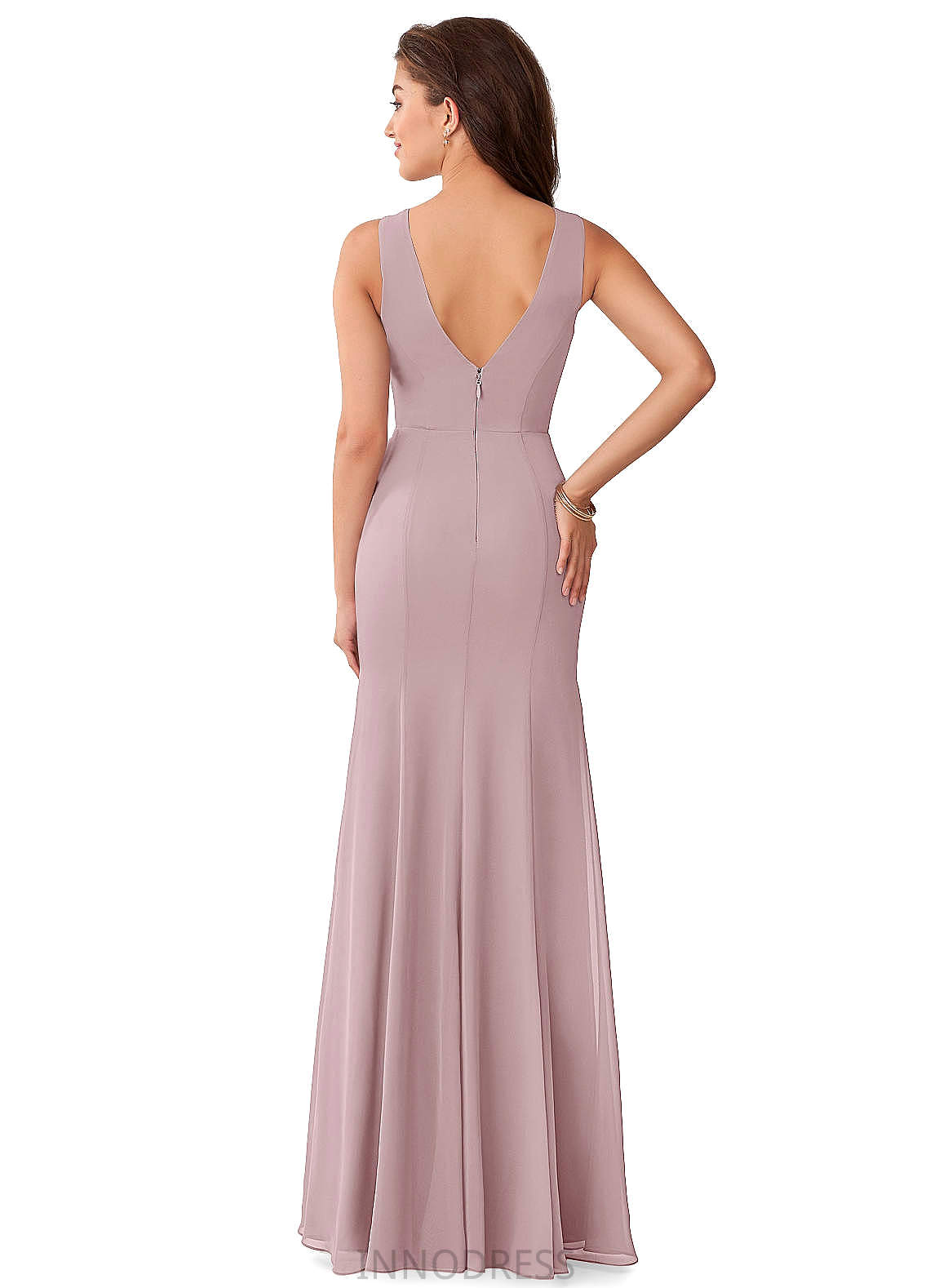 Gloria Floor Length Natural Waist Sleeveless Satin Sheath/Column V-Neck Bridesmaid Dresses