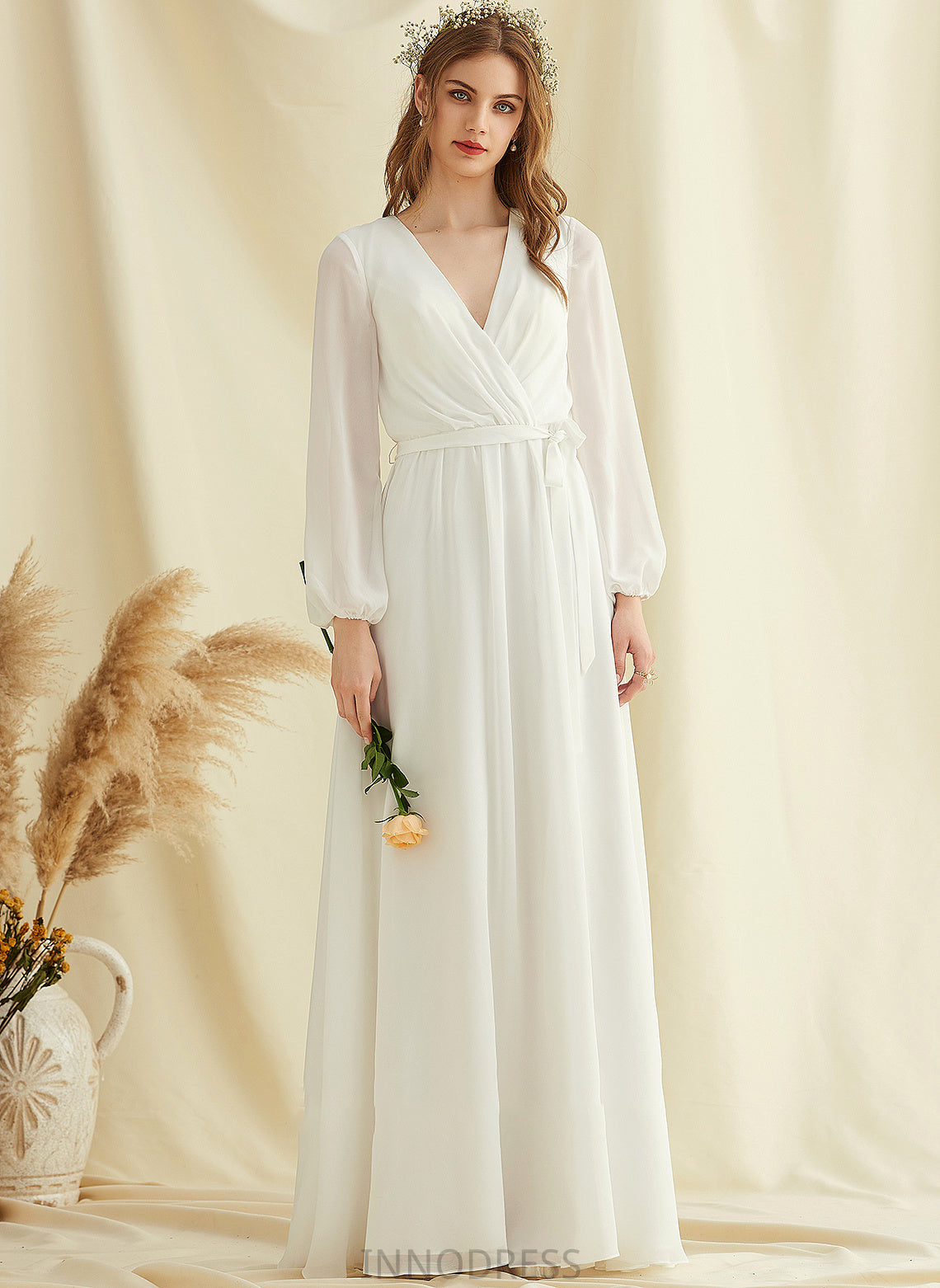 A-Line Front Chaya Dress Wedding Dresses Wedding Split V-neck Chiffon With Floor-Length