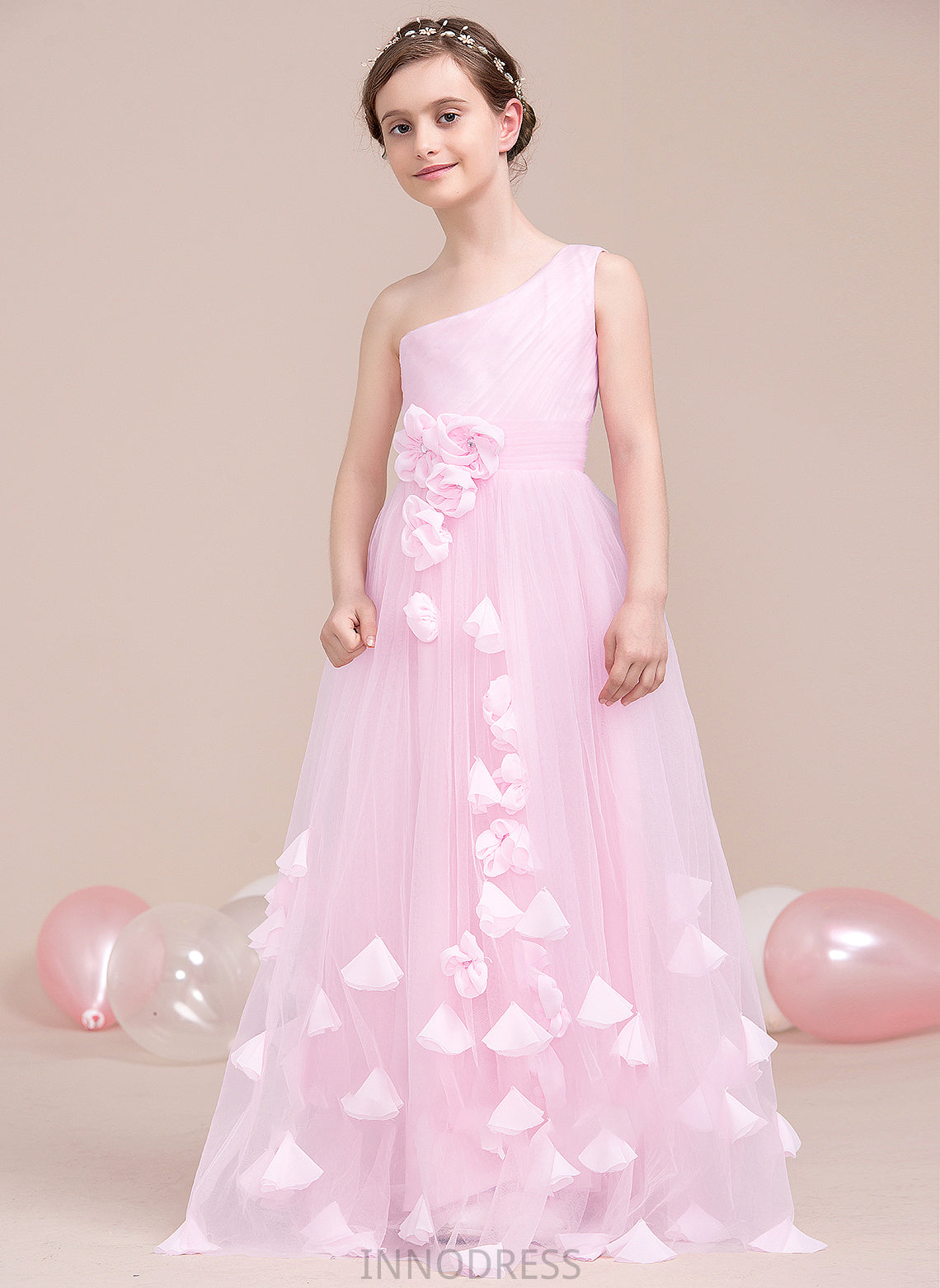 With Adelaide Ruffle Tulle One-Shoulder Floor-Length A-Line Flower(s) Junior Bridesmaid Dresses