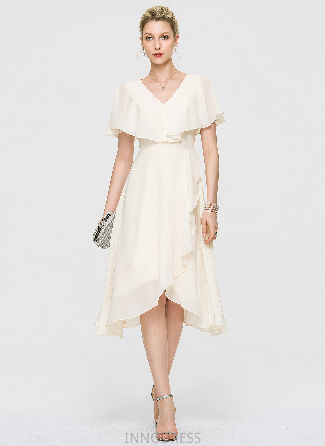 Wedding Dresses A-Line Dress Simone V-neck Ruffles Chiffon Cascading Wedding Asymmetrical Bow(s) With