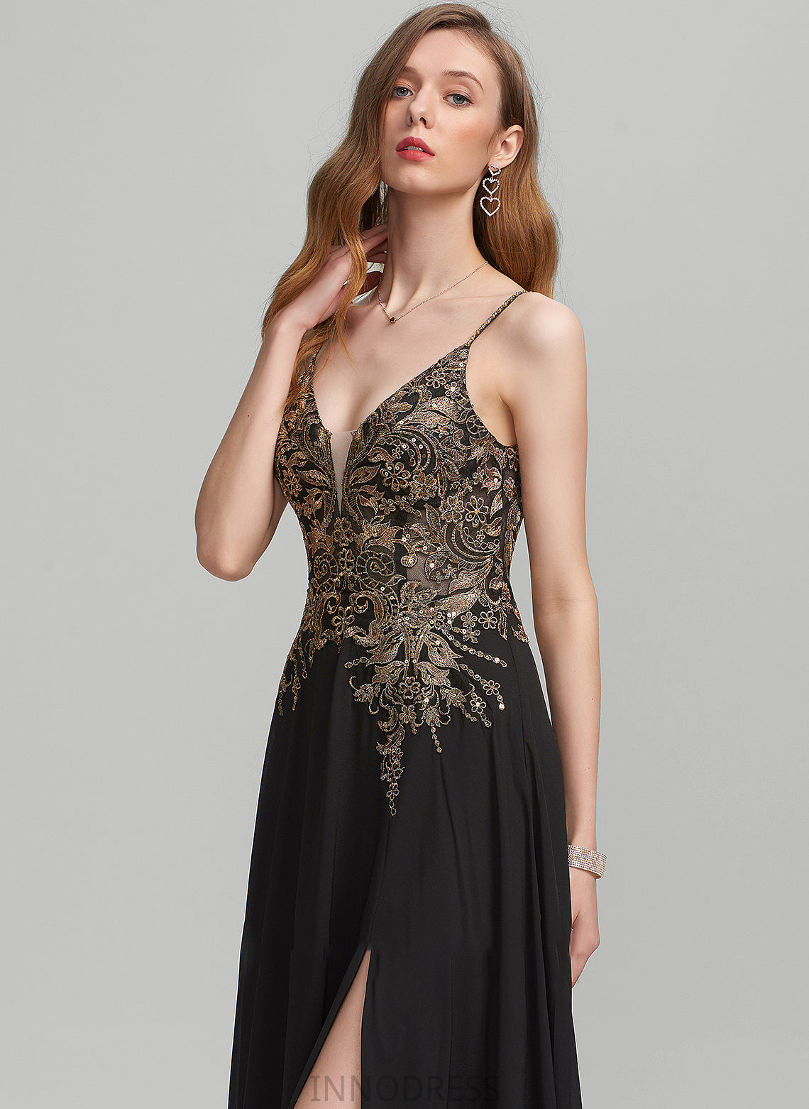 Floor-Length With Prom Dresses A-Line V-neck Jaida Sequins Front Split Lace Chiffon