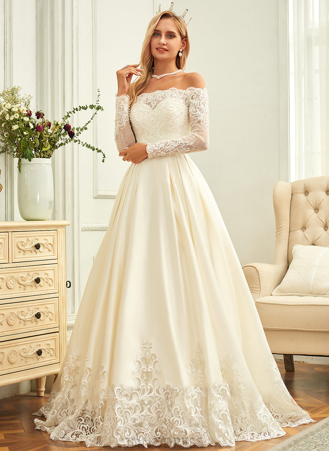 Ball-Gown/Princess Sequins Satin Train Evelyn Off-the-Shoulder With Lace Wedding Beading Sweep Dress Wedding Dresses