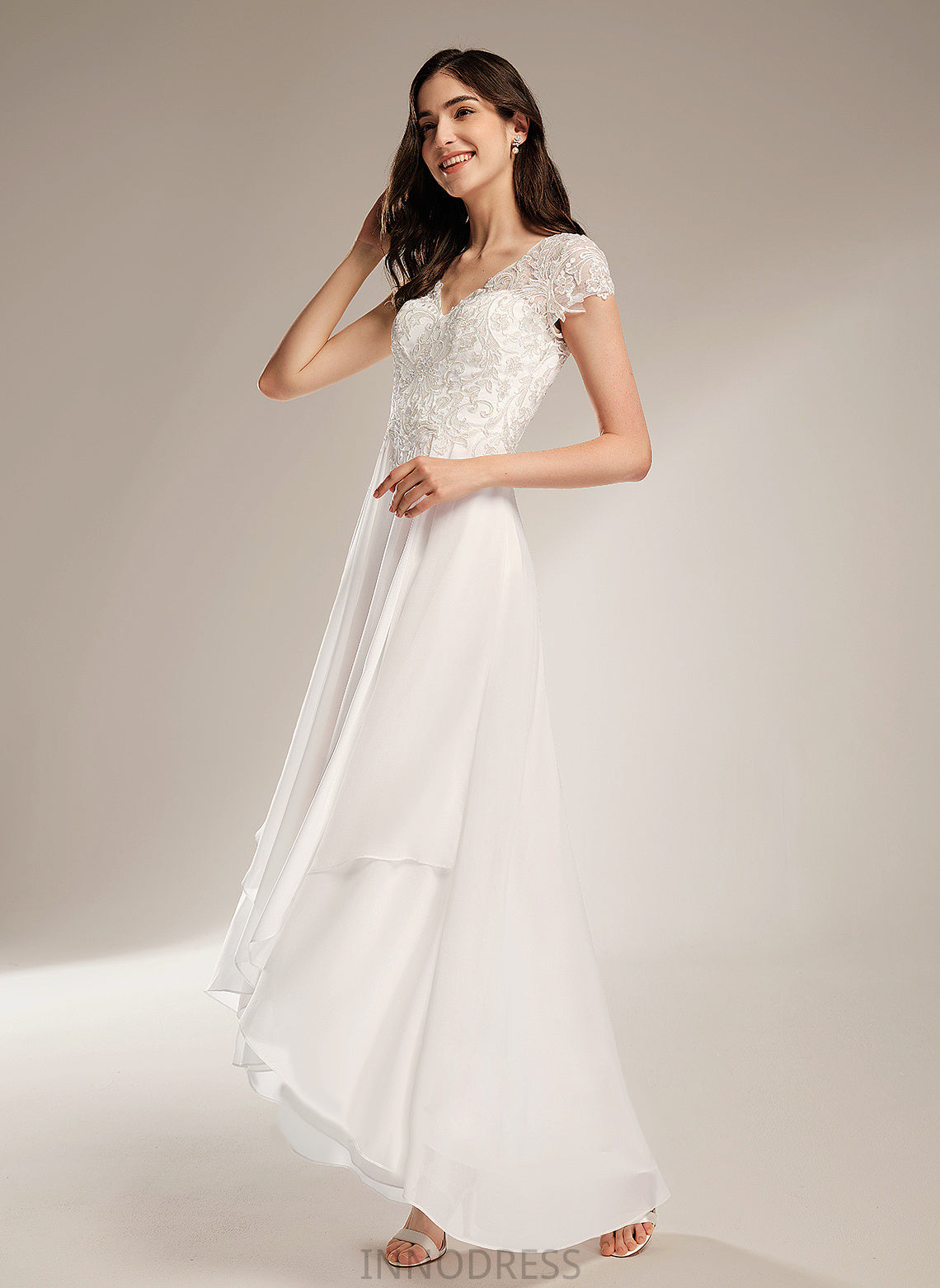 Asymmetrical Carla Wedding Dresses Chiffon A-Line Wedding V-neck Lace Dress