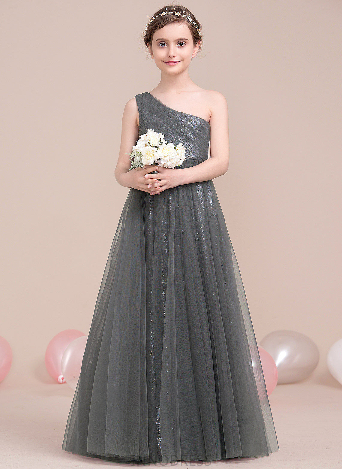 A-Line With Ruffle One-Shoulder Tulle Junior Bridesmaid Dresses Sequined Floor-Length Luna