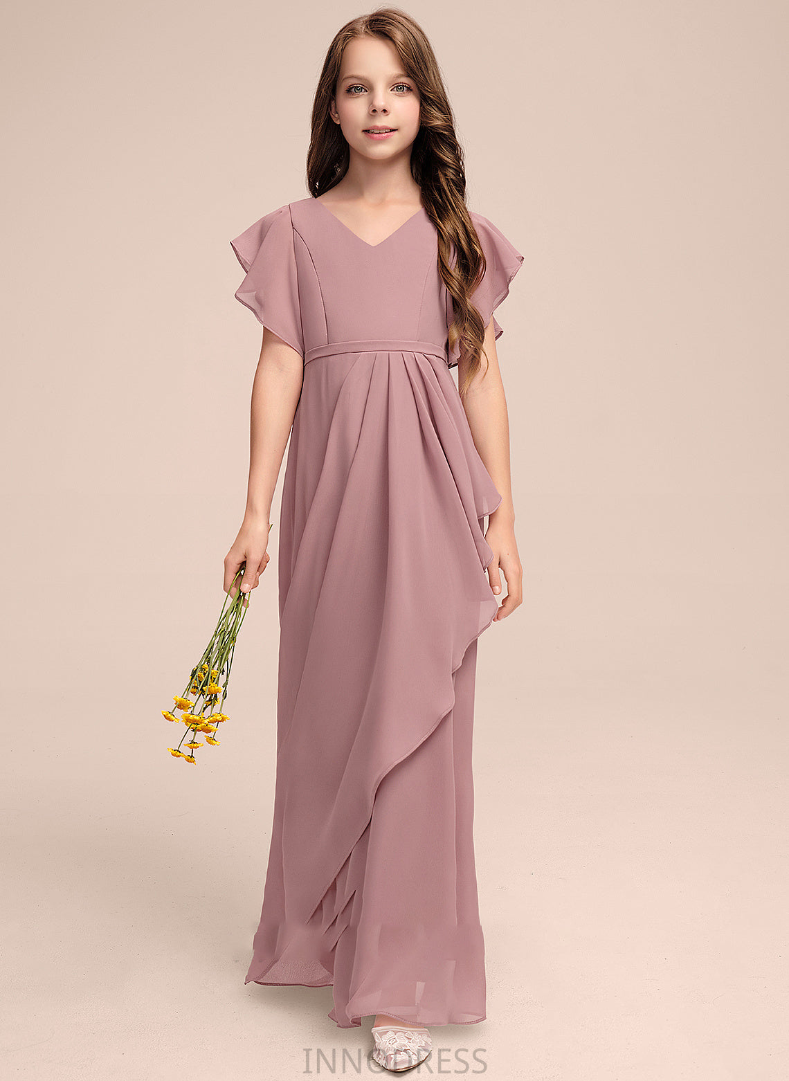 Cascading V-neck With Crystal Floor-Length Ruffles A-Line Junior Bridesmaid Dresses Chiffon